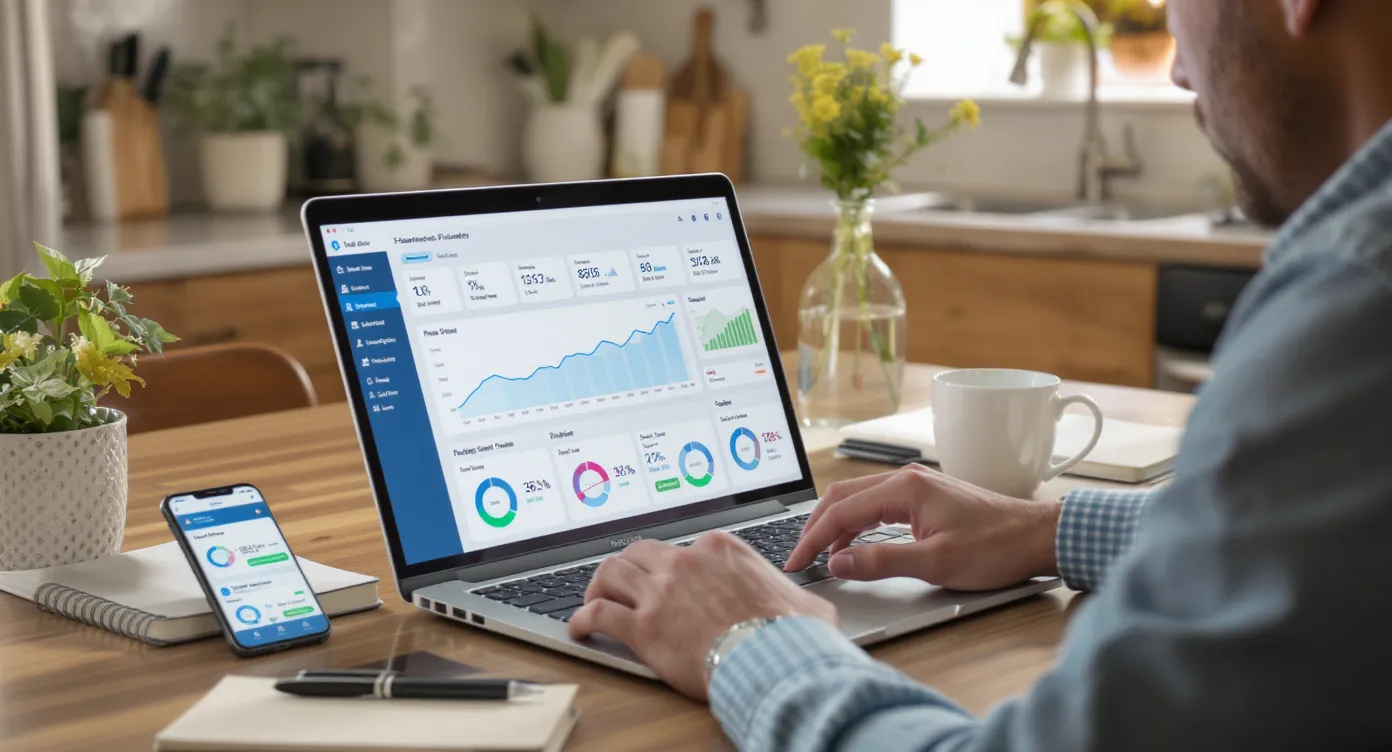 A person sits at a kitchen table using a laptop that displays a clean personal finance dashboard with a net worth line chart, assets and liabilities panels, and a savings rate gauge. A phone with a matching dashboard lies next to a notebook, pen, and a mug of coffee, all oriented naturally toward the user.
