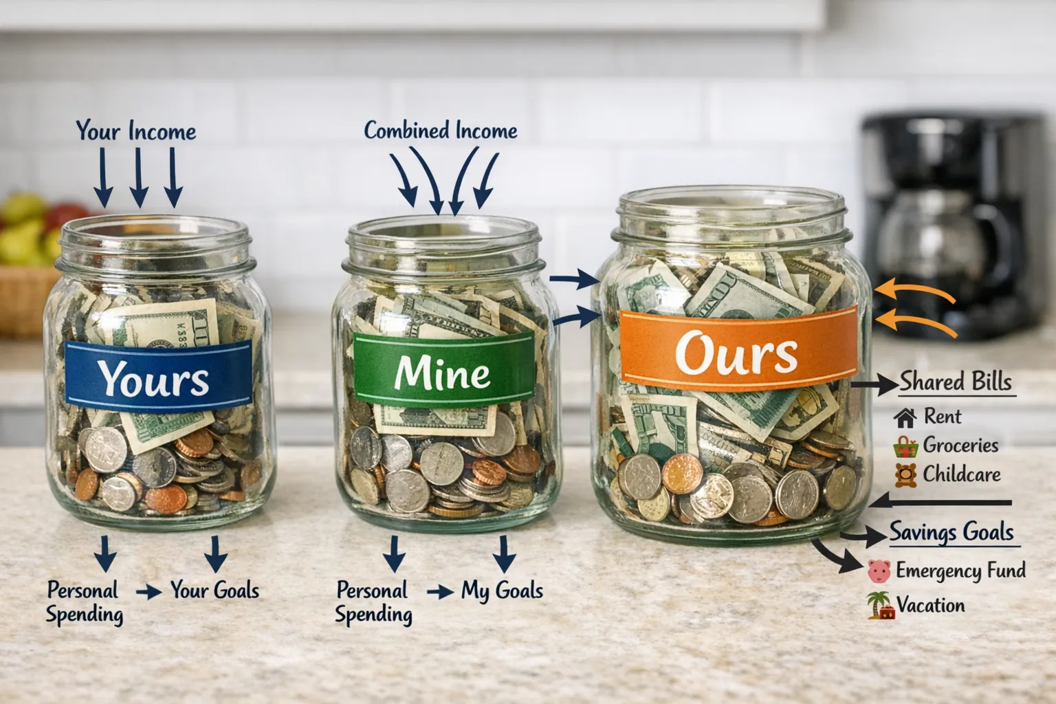 Simple diagram of three labeled jars on a kitchen counter: Yours, Mine, and Ours. Arrows show income flowing into the jars, with the Ours jar paying shared bills (rent, groceries, childcare) and savings goals (emergency fund, vacation). The Yours and Mine jars fund personal spending and individual goals.