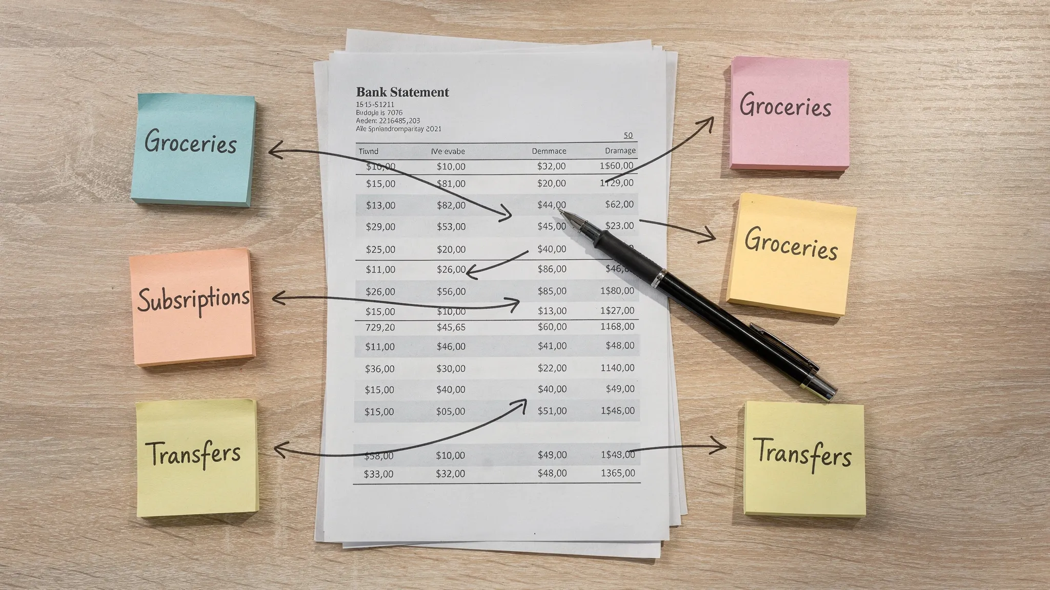 A flat-lay of a desk with a stack of printed bank statements, colorful sticky notes labeled Groceries, Subscriptions, Transfers, and a pen drawing arrows from transactions to categories, suggesting organization and automation.