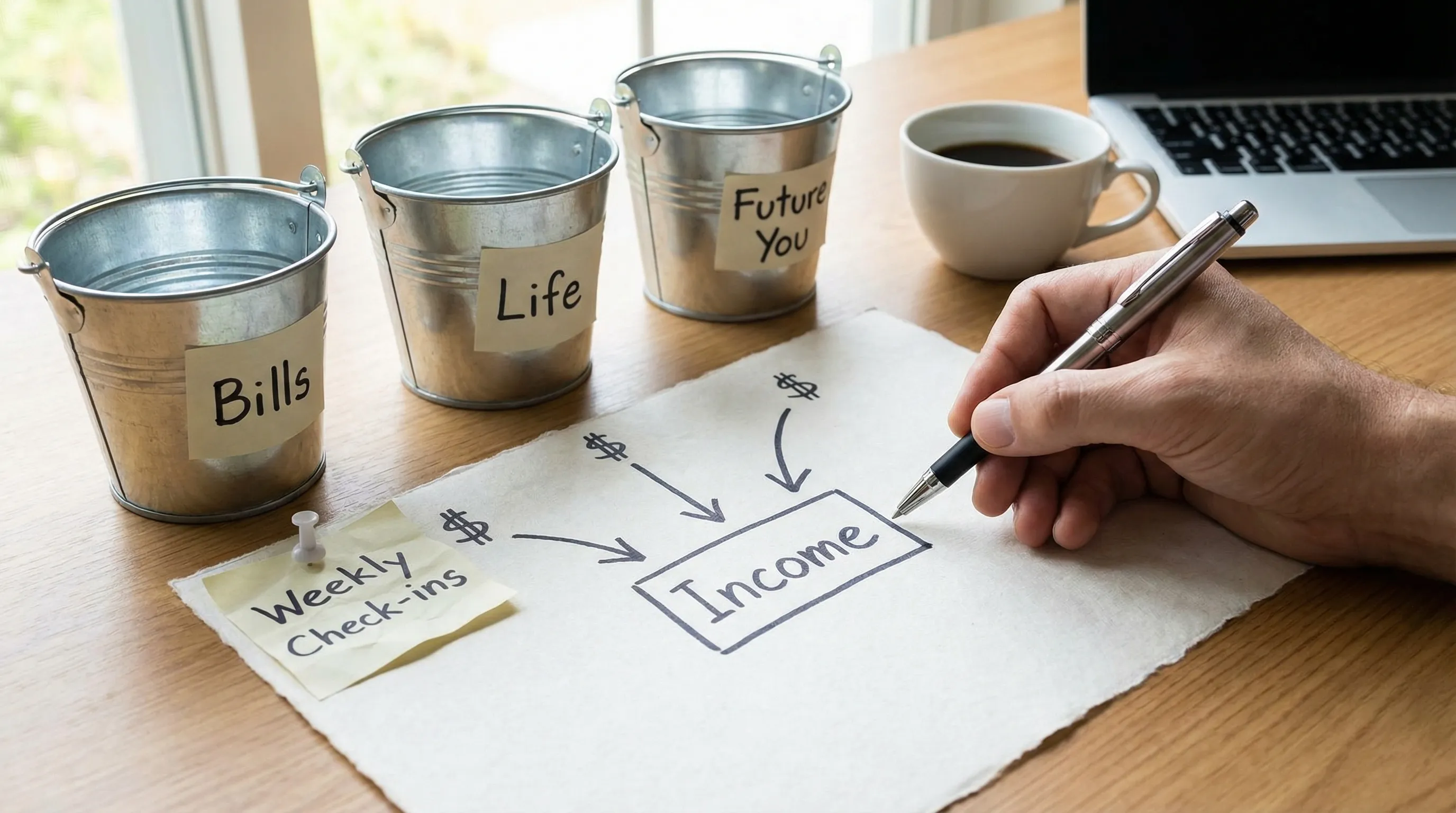 A simple three-bucket budgeting diagram labeled Bills, Life, and Future You, with arrows showing money flowing from income into each bucket and a small note indicating weekly check-ins.