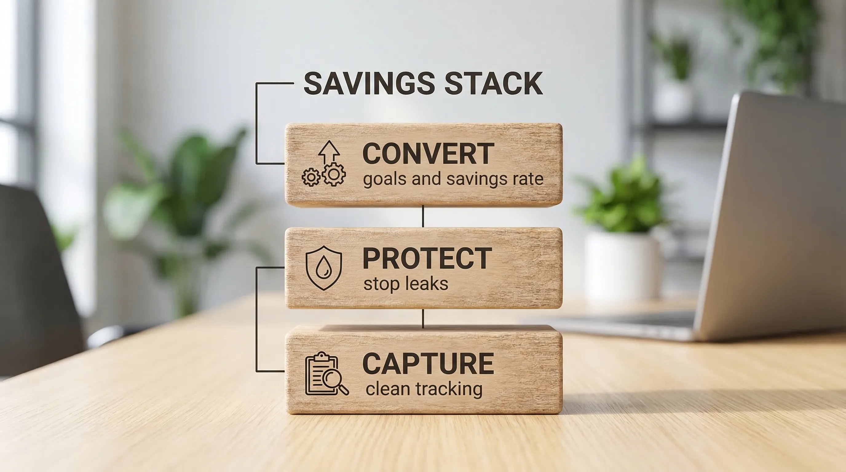 A simple three-layer diagram labeled “Savings Stack” with three stacked blocks: Capture (clean tracking), Protect (stop leaks), Convert (goals and savings rate). Minimal icons for each block.