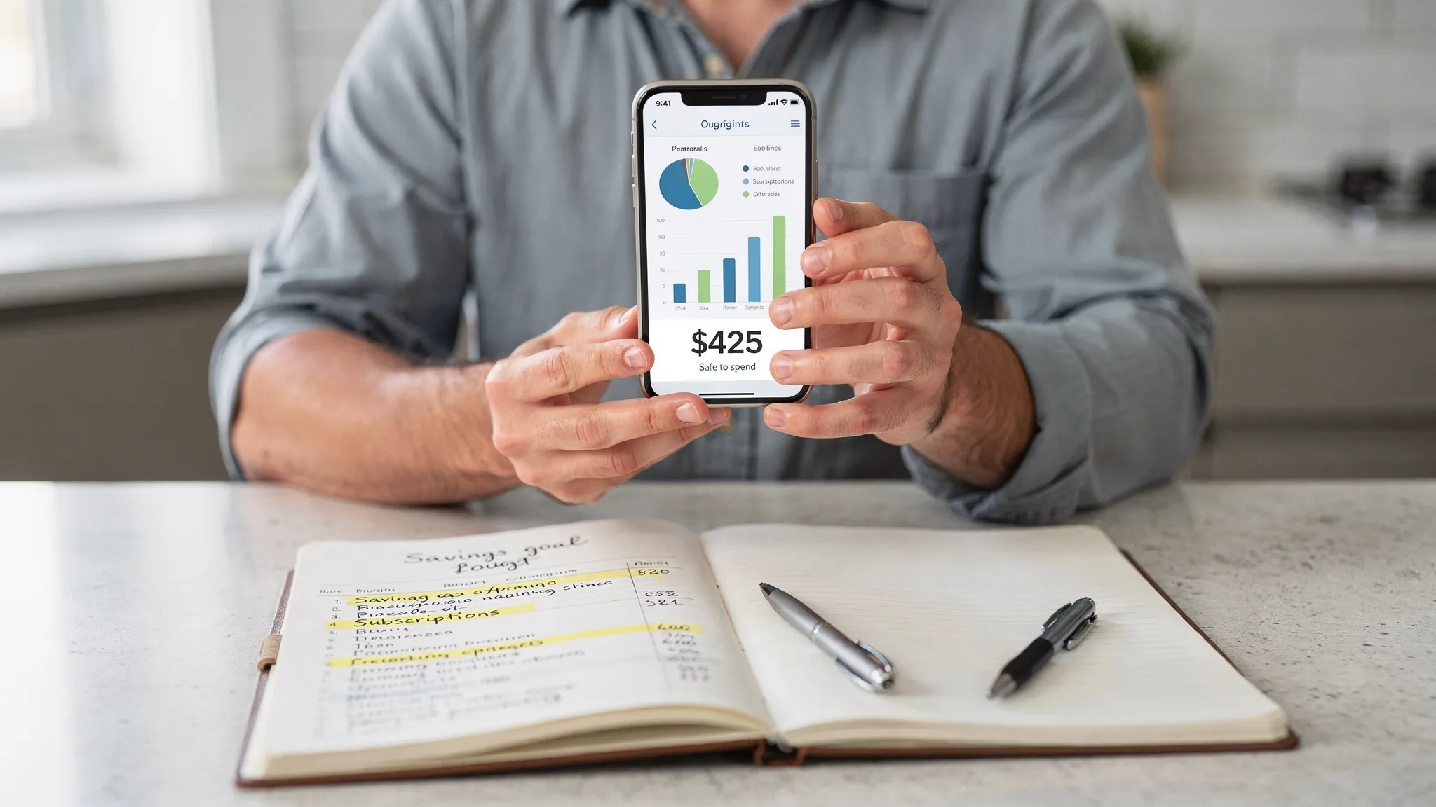 A person at a kitchen table reviewing a personal budget on a phone, with a notebook showing a savings goal and a highlighted “subscriptions” line item. The phone screen is facing the camera but shows generic charts and a safe-to-spend style number (no brand logos).