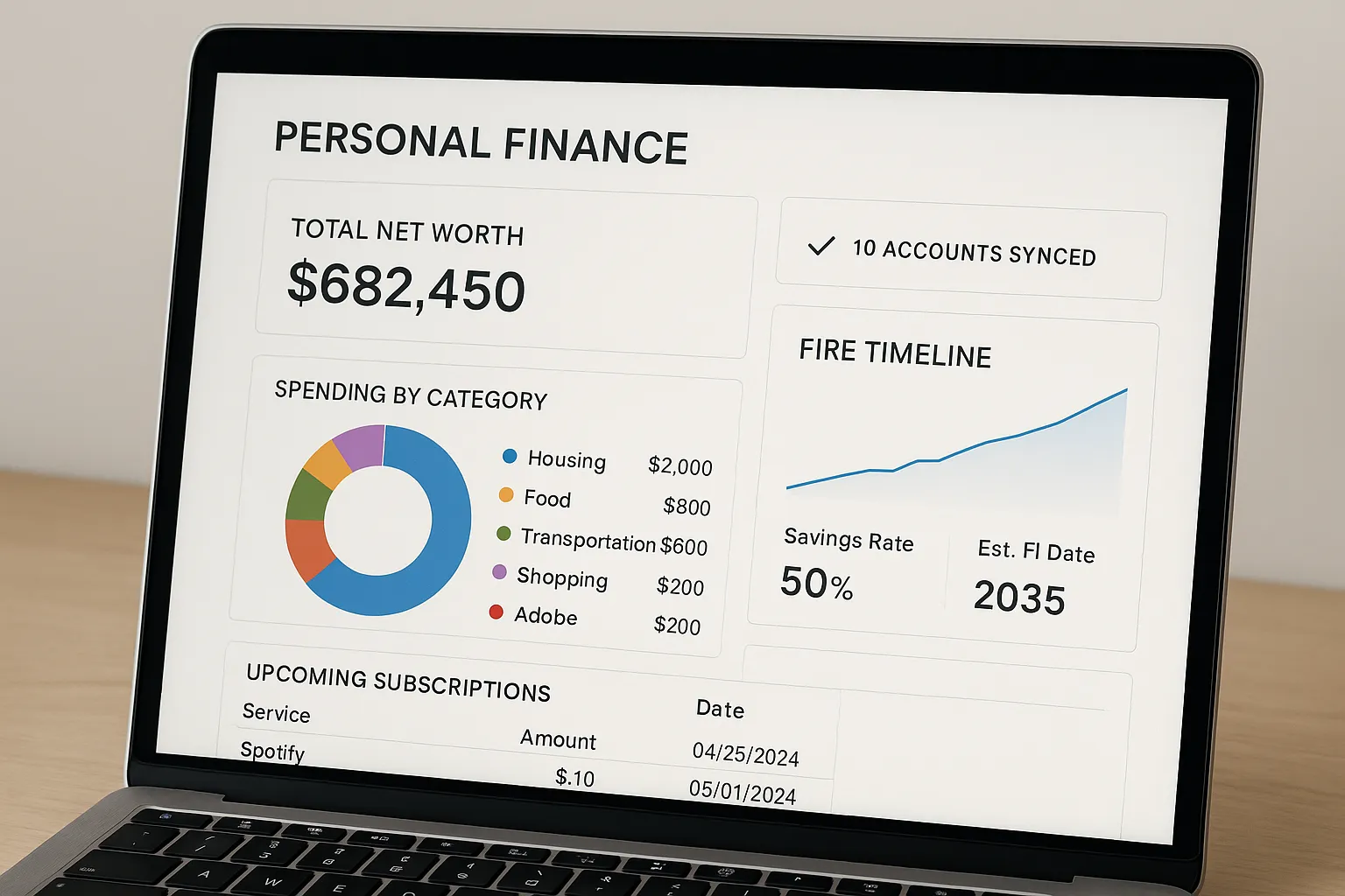 A clean personal finance dashboard shows total net worth, accounts synced, a spending by category donut, a list of upcoming subscriptions, and a small FIRE timeline projection panel highlighting savings rate and estimated FI date.