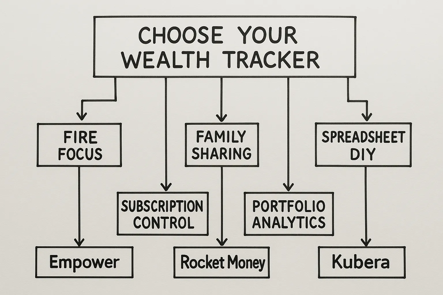 A simple decision flow diagram titled “Choose Your Wealth Tracker” with branches for priorities: FIRE focus, family sharing, subscription control, spreadsheet DIY, and portfolio analytics, each pointing to a representative tool recommendation.