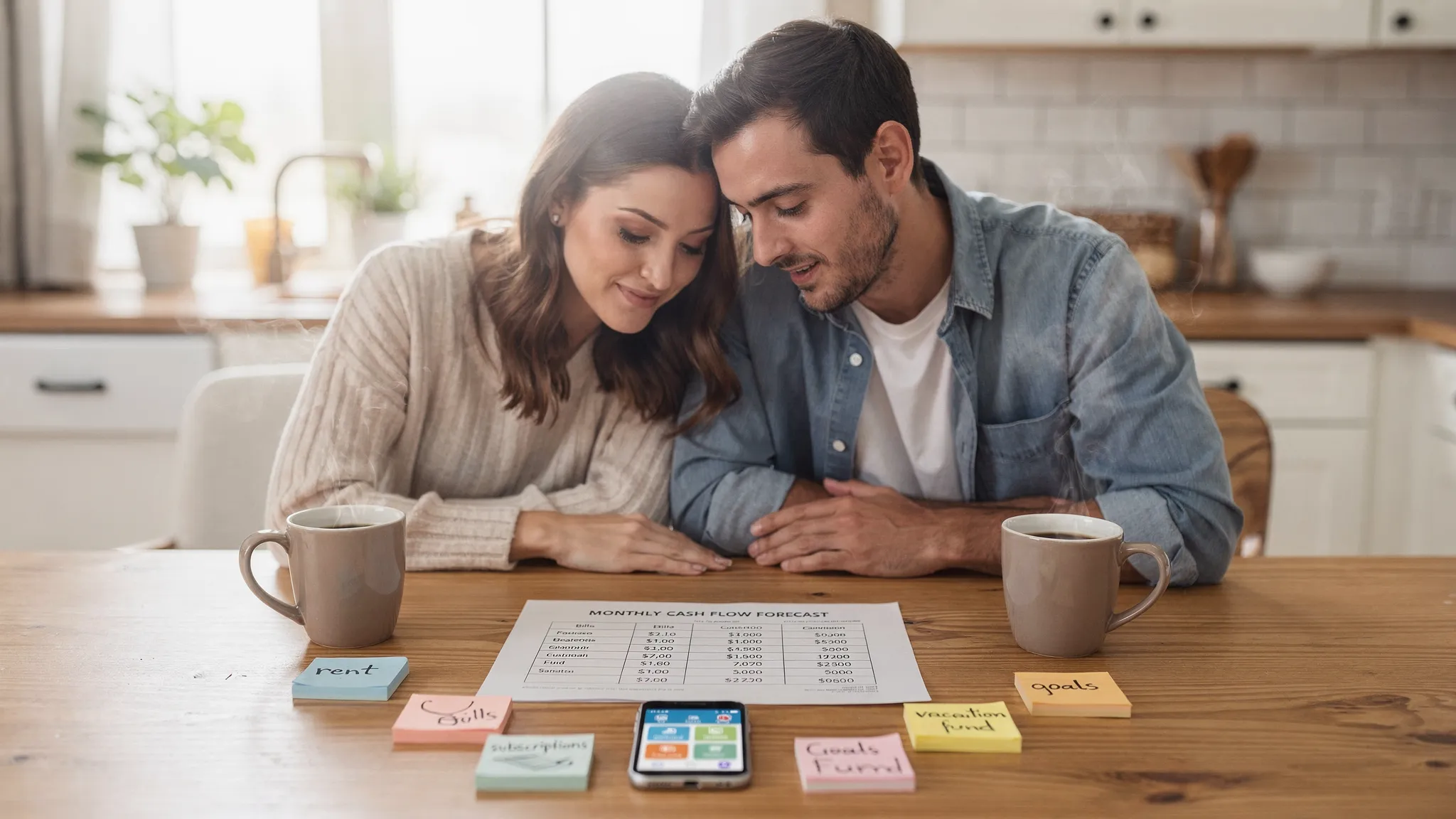 A newly married couple sitting at a kitchen table with coffee, reviewing a simple monthly cash flow forecast on paper while a phone shows a budget app with categories like Bills, Goals, and Fun. The mood is calm and collaborative, with sticky notes labeled “rent,” “subscriptions,” and “vacation fund.”