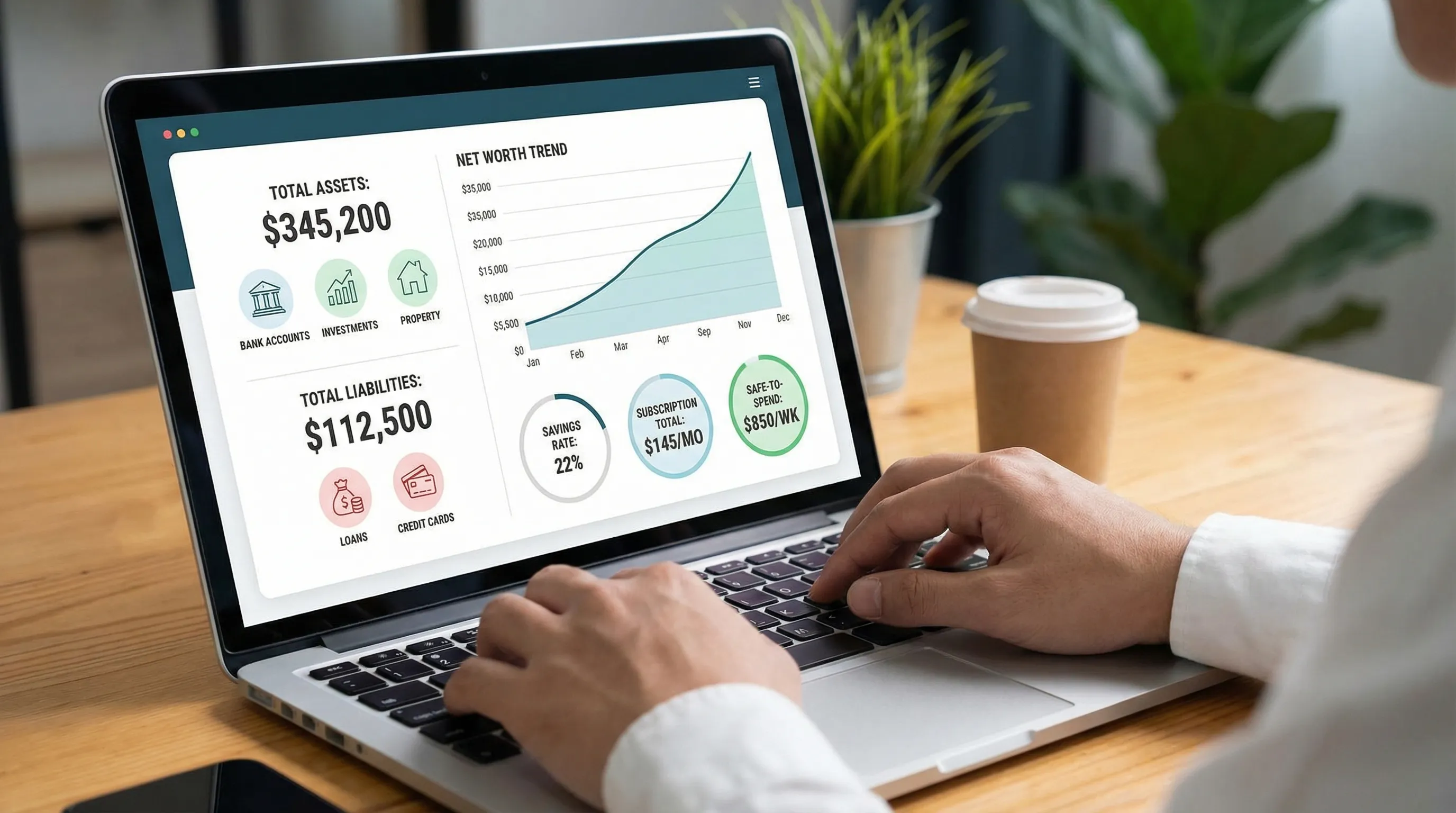 A simple net worth tracking dashboard concept showing assets, liabilities, net worth line chart, and three callouts for savings rate, subscription total, and safe-to-spend.