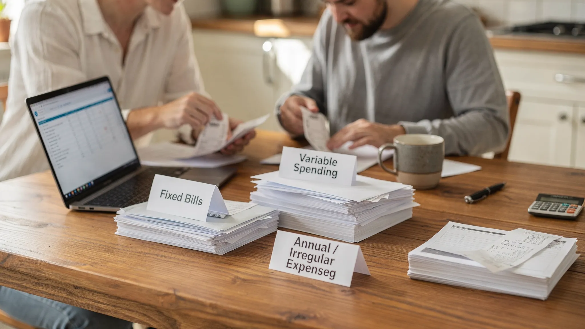 A person at a kitchen table sorting receipts and mail beside an open laptop, with simple labeled piles for fixed bills, variable spending, and annual or irregular expenses.