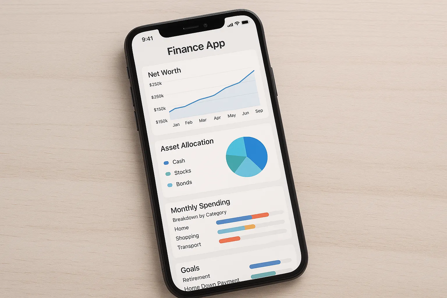 A clean finance app dashboard showing a net worth timeline, an asset allocation pie chart, a monthly spending breakdown by category, and progress bars for long term goals like retirement and a home down payment.