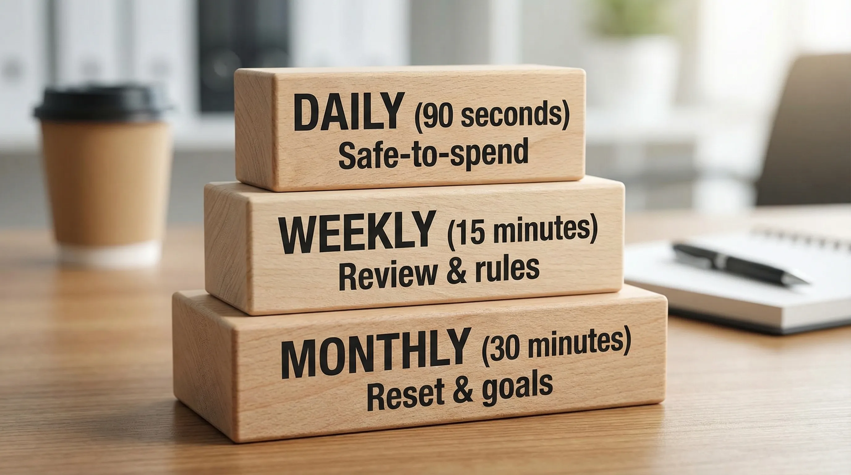 A simple three-layer graphic showing âDaily (90 seconds)â, âWeekly (15 minutes)â, and âMonthly (30 minutes)â money routines stacked like building blocks, with short labels: Safe-to-spend, Review & rules, Reset & goals.