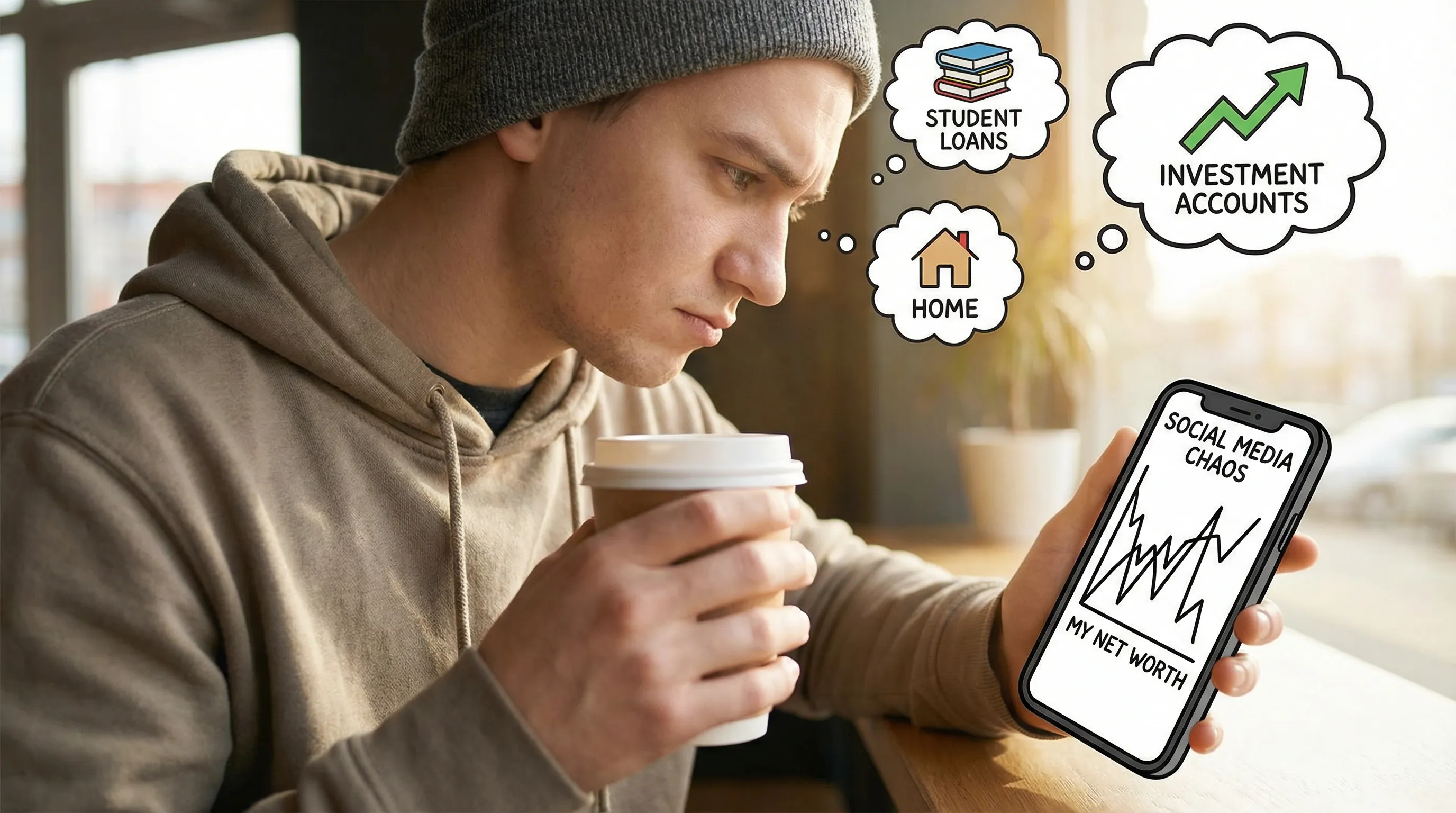 A humorous illustration of a person comparing their net worth to a chaotic social media chart on a phone while holding a coffee, with thought bubbles showing student loans, a home, and investment accounts.