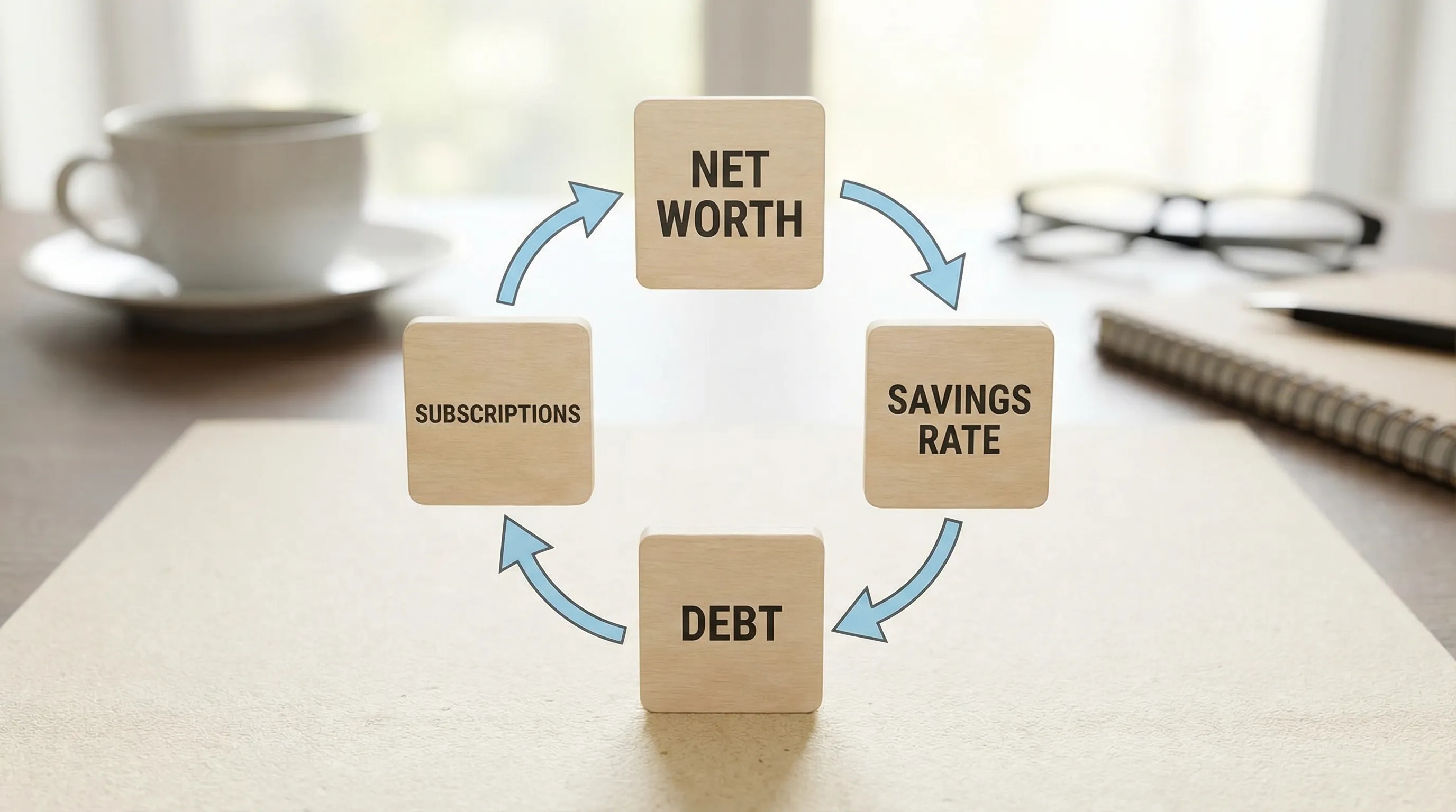 A clean, simple conceptual graphic showing four tiles labeled Net Worth, Savings Rate, Debt, and Subscriptions, with arrows forming a flywheel loop.