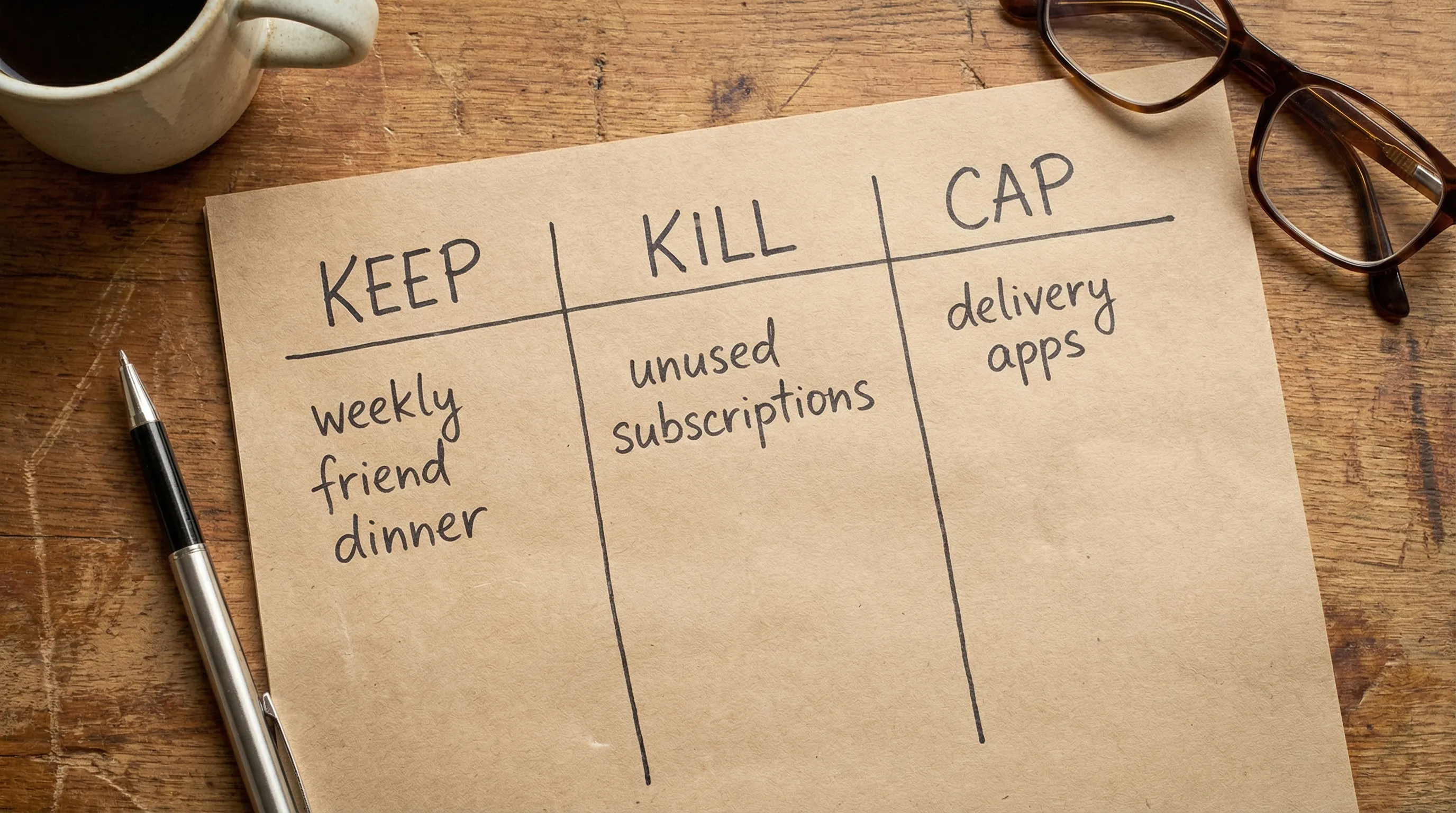 A simple 3-column diagram labeled Keep, Kill, Cap, showing examples like “weekly friend dinner” under Keep, “unused subscriptions” under Kill, and “delivery apps” under Cap.