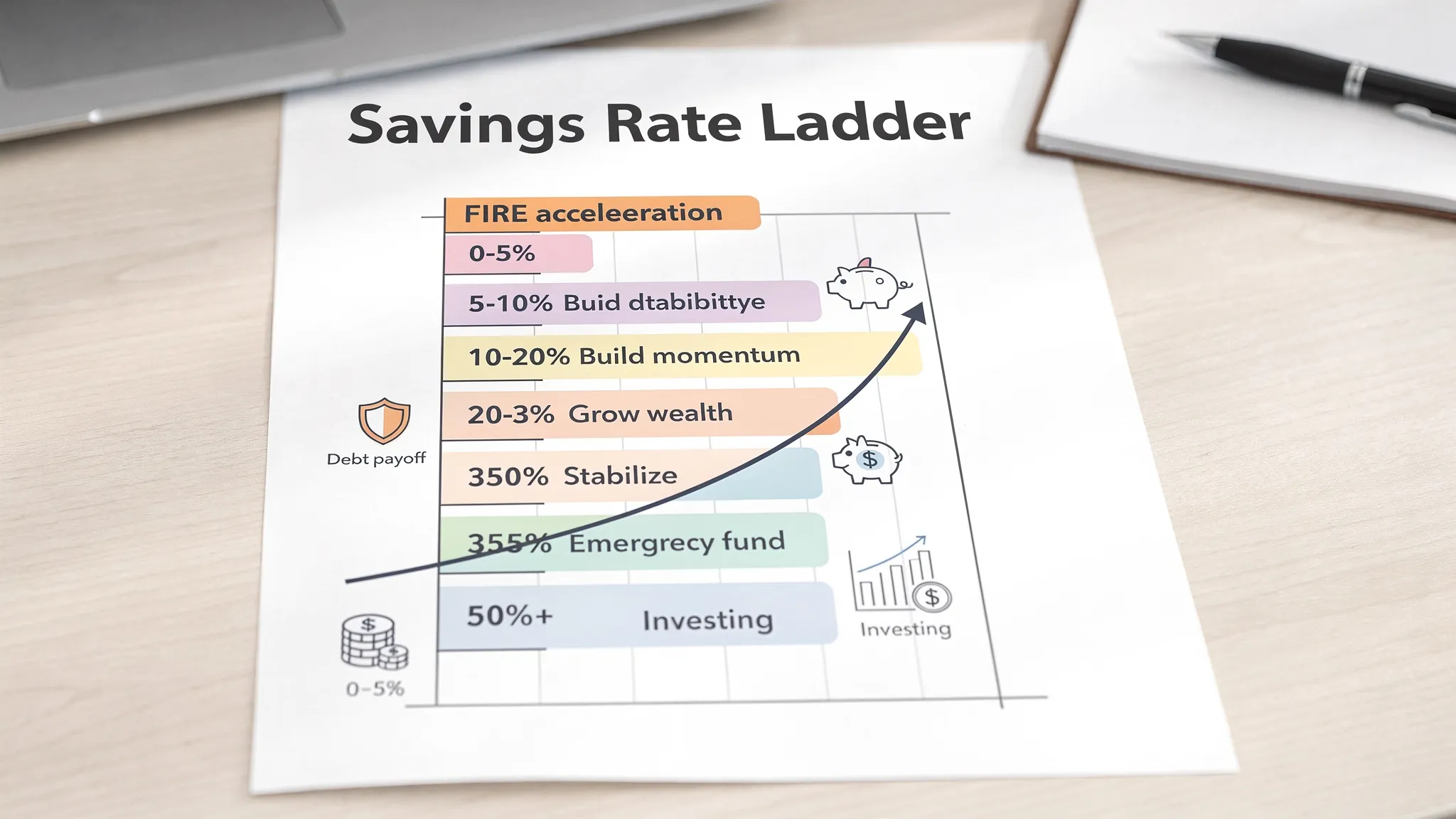 A simple “Savings Rate Ladder” infographic showing six rungs (0–5%, 5–10%, 10–20%, 20–35%, 35–50%, 50%+) with short labels like “Stabilize,” “Build momentum,” and “FIRE acceleration,” styled as a clean chart with a rising arrow and minimal icons for debt, emergency fund, and investing.