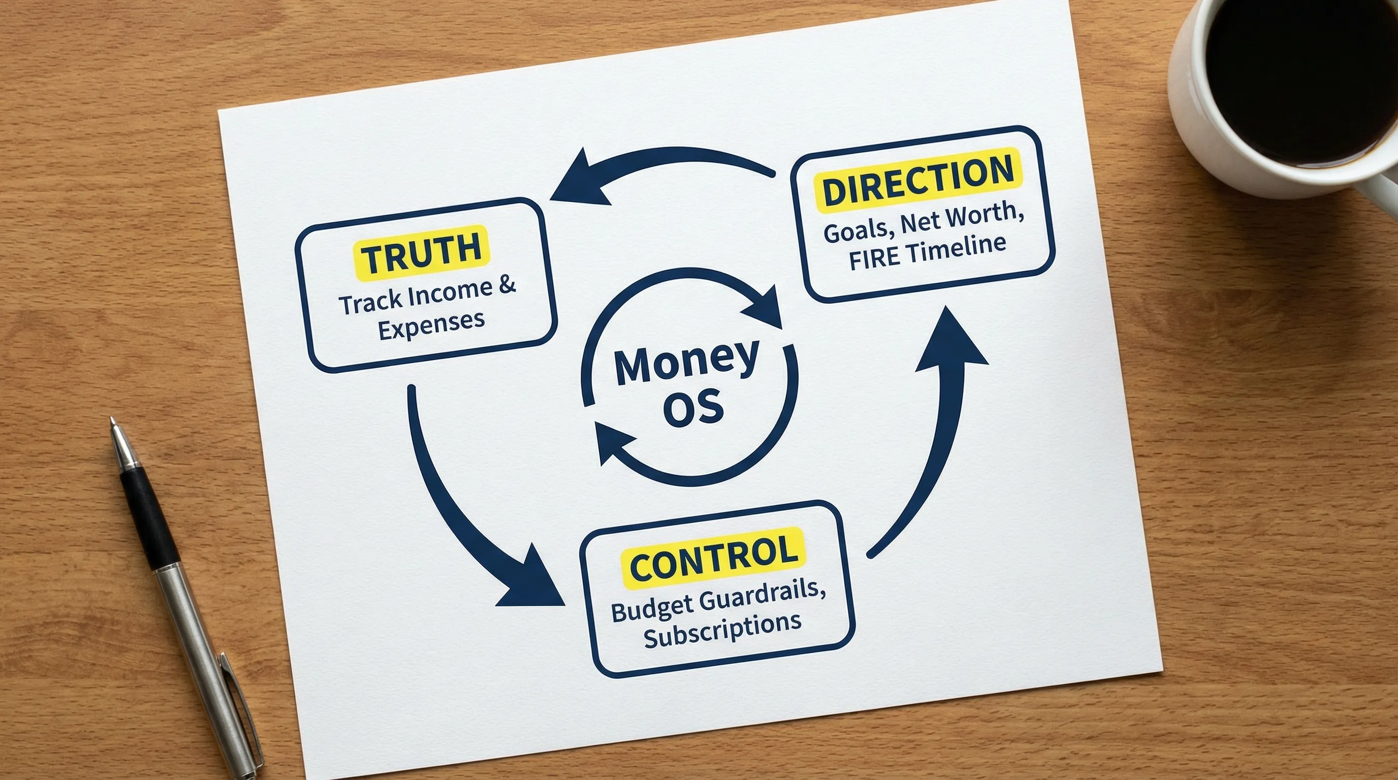 A simple diagram showing a “Money OS” loop with three parts: Truth (track income and expenses), Control (budget guardrails and subscriptions), Direction (goals, net worth, and FIRE timeline), arranged in a clean circular flow.