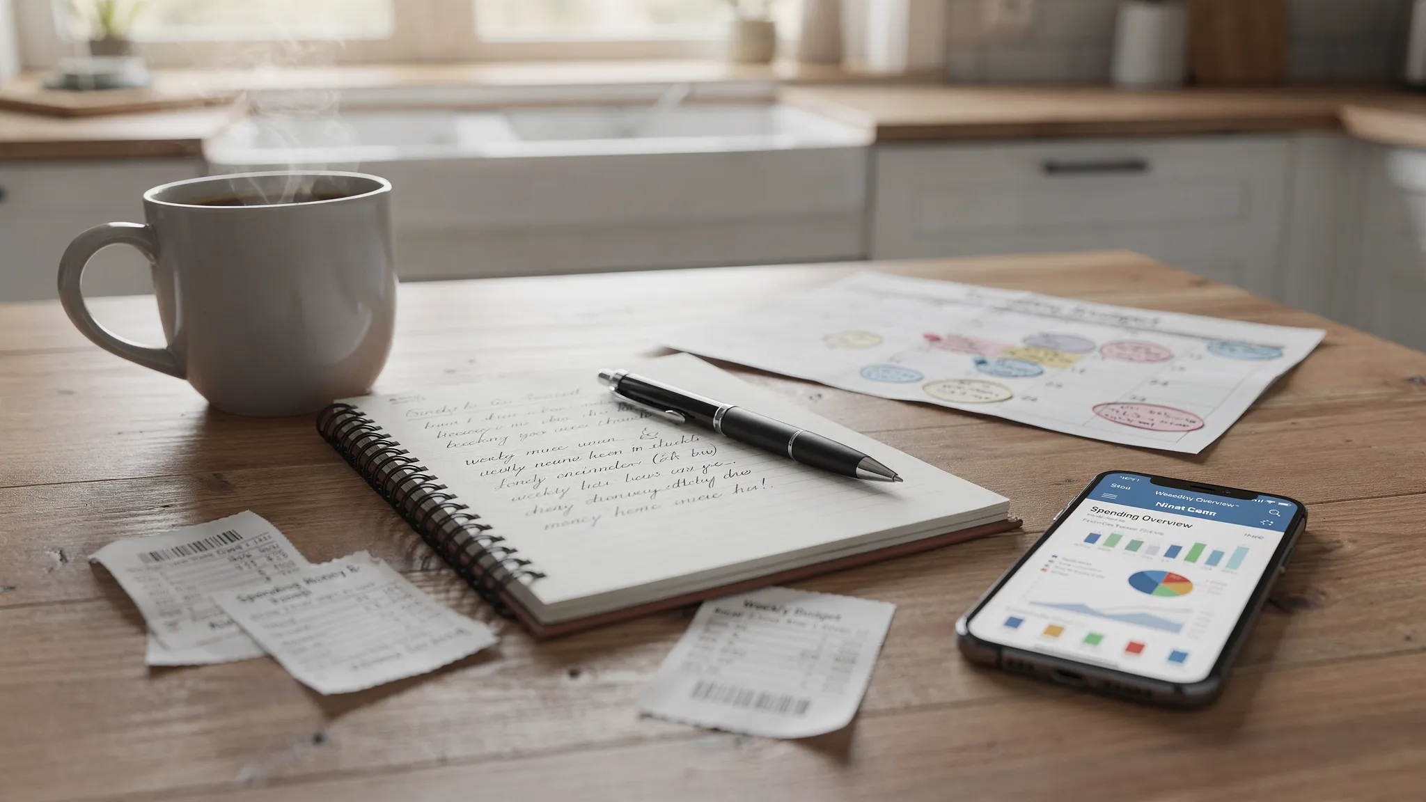 A kitchen table scene with a notebook, a coffee mug, and a phone showing a generic finance dashboard, with a few receipts and a calendar nearby, suggesting a weekly money check-in routine.