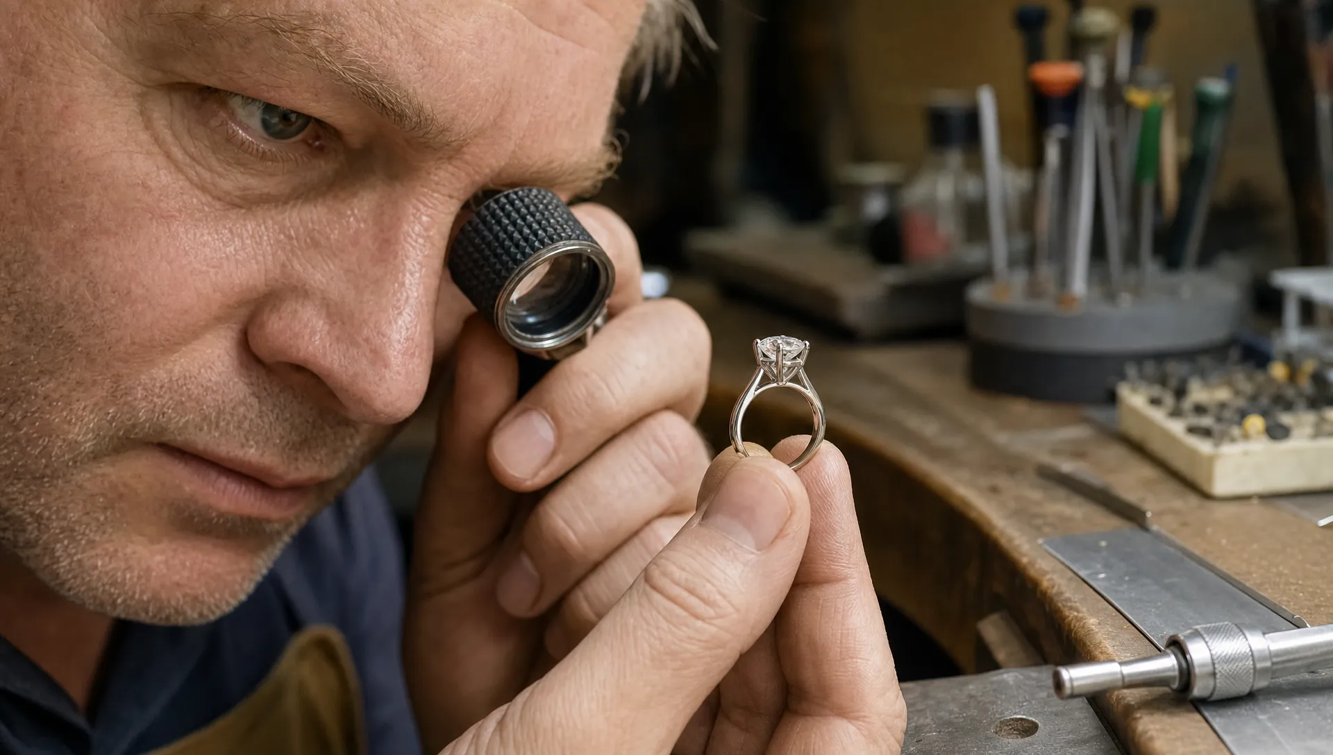A jeweller examines a custom engagement ring setting with a centre diamond, visible prongs, a supportive basket and a polished band on the bench.