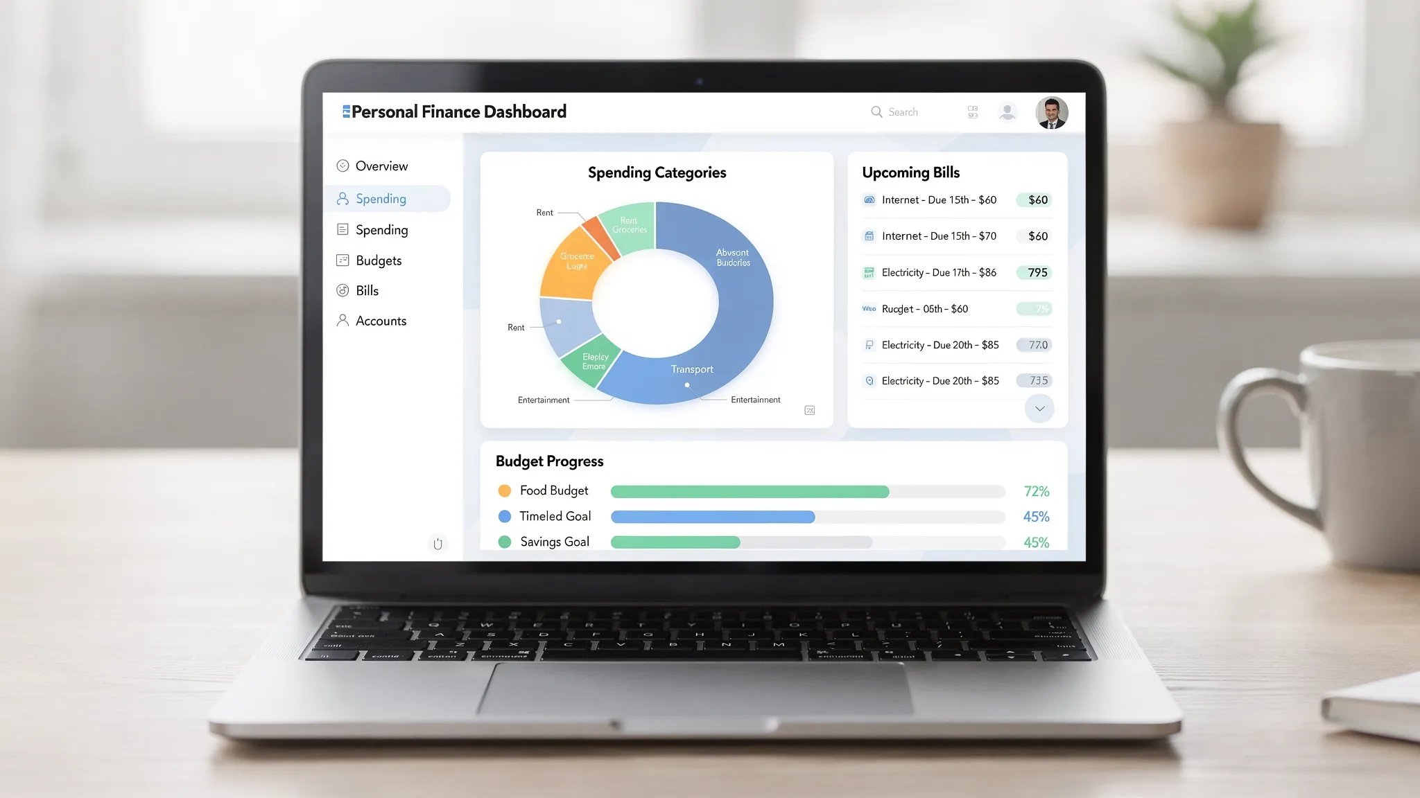 A clean personal finance dashboard displayed on a laptop screen facing forward, showing spending categories, bill reminders, account balances, and budget progress in an organized layout.
