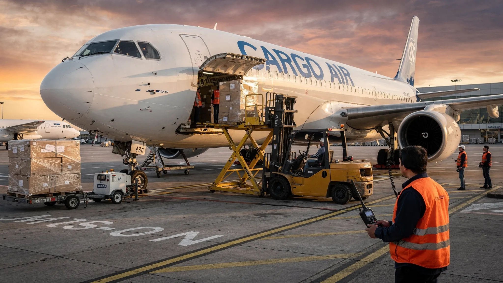 Bir geniş gövdeli kargo uçağı apronda duruyor, açık kargo kapısından içine paletli yükler yükleniyor. Forklift ve yer hizmetleri ekipmanı etrafta çalışıyor, gün batımı ışığı sahneyi aydınlatıyor.