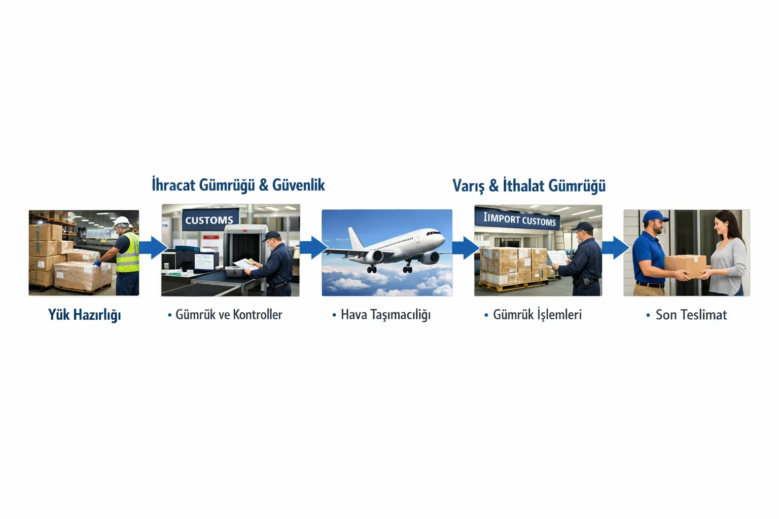 Basitleştirilmiş bir hava kargo süreç diyagramı: yük hazırlığı, ihracat gümrüğü ve güvenlik, uçuş, varış ve ithalat gümrüğü, kapı teslim adımları tek bir yatay akışta gösteriliyor.