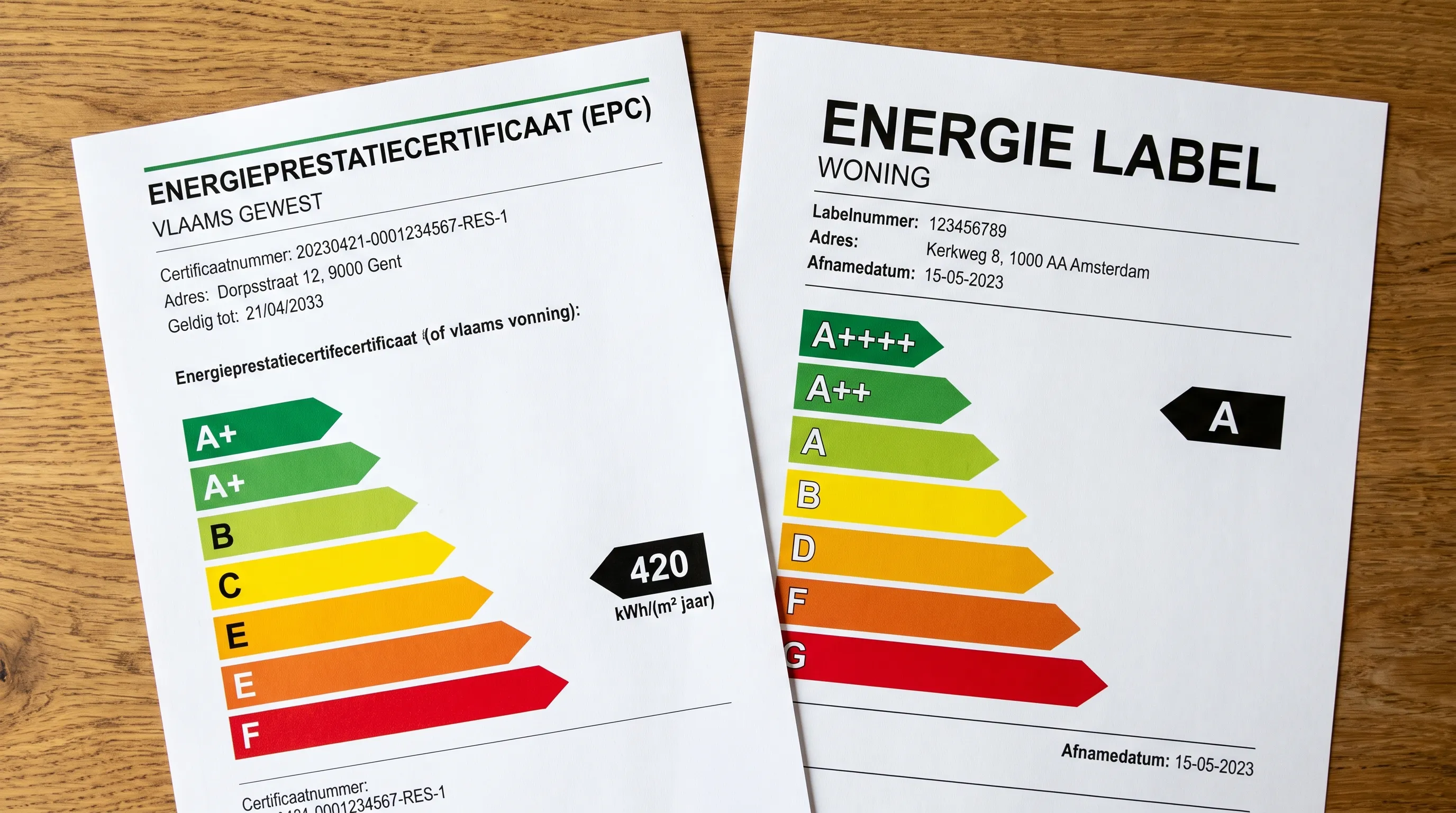 Een Vlaams EPC-certificaat en een Nederlands energielabel liggen naast elkaar op een tafel, met de uiteenlopende labelklassen zichtbaar voor vergelijking.