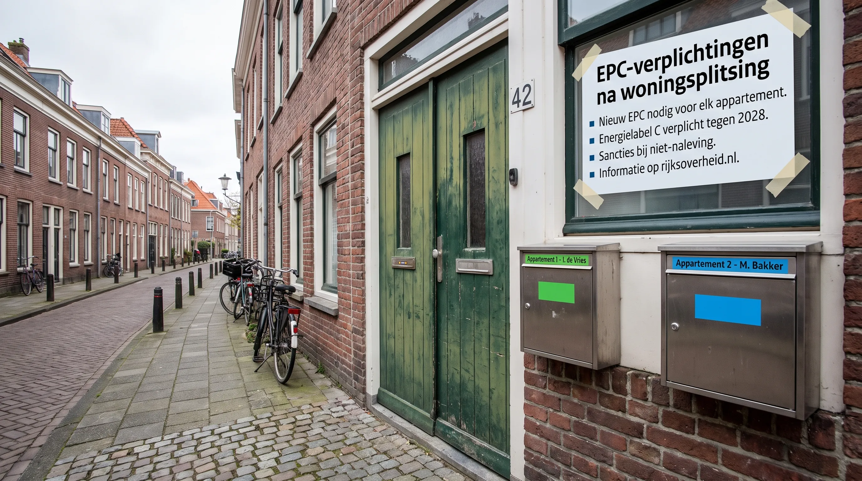 Straatzicht op een opgesplitste woning met twee appartementen achter een gedeelde voordeur en aparte brievenbussen, bij de uitleg over EPC-verplichtingen na een woningsplitsing.