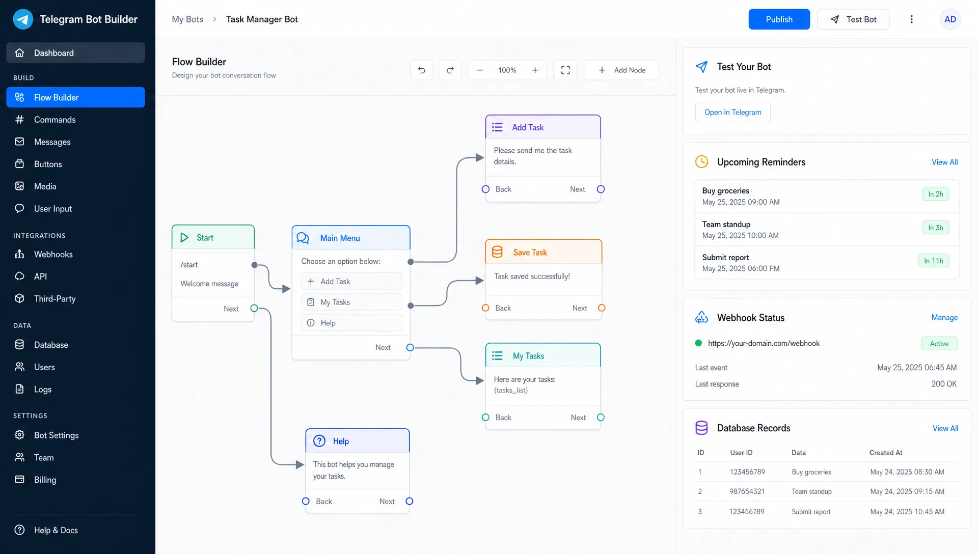 A Telegram bot builder workspace showing connected message flows, reminder cards, webhook alerts, and database records in a simple layout.