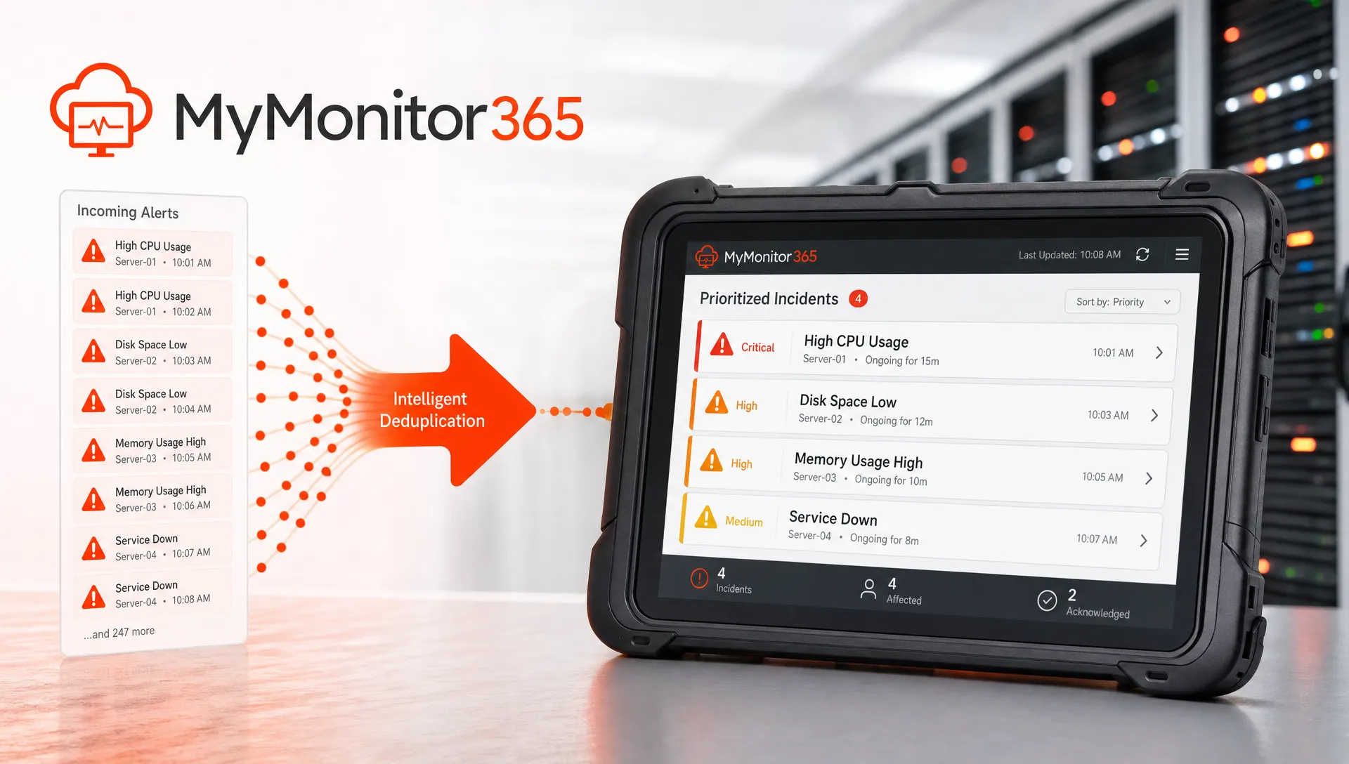 MyMonitor365 logo displayed beside grouped infrastructure alerts, with duplicate notifications merged into a smaller set of prioritized incidents on a compact operations screen.