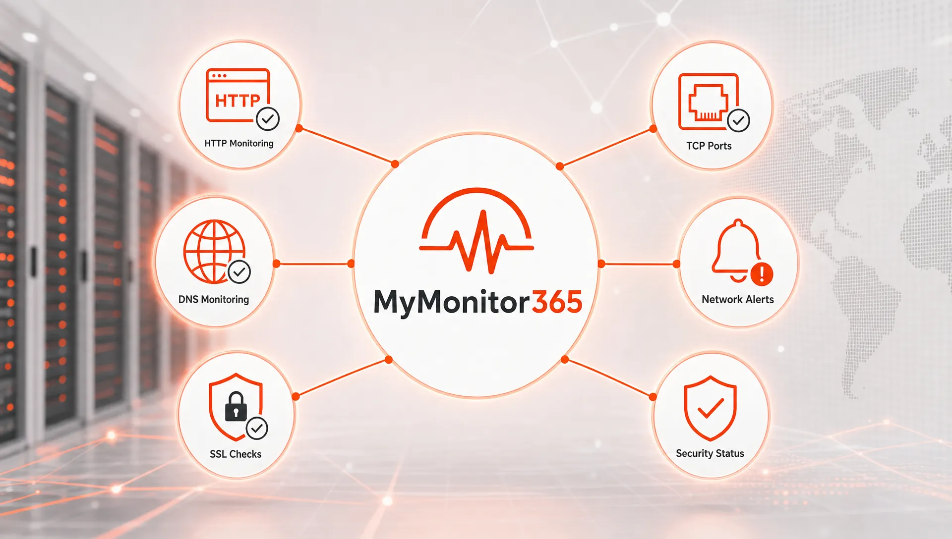 MyMonitor365 logo centered among connected icons for HTTP monitoring, DNS monitoring, SSL checks, TCP ports, network alerts, and security status signals.