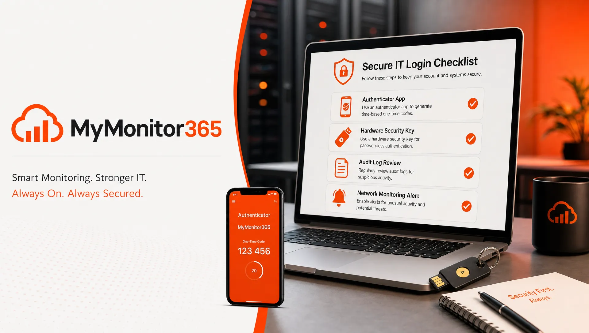 MyMonitor365 logo displayed beside a secure IT login checklist with icons for an authenticator app, hardware security key, audit log, and network monitoring alert.
