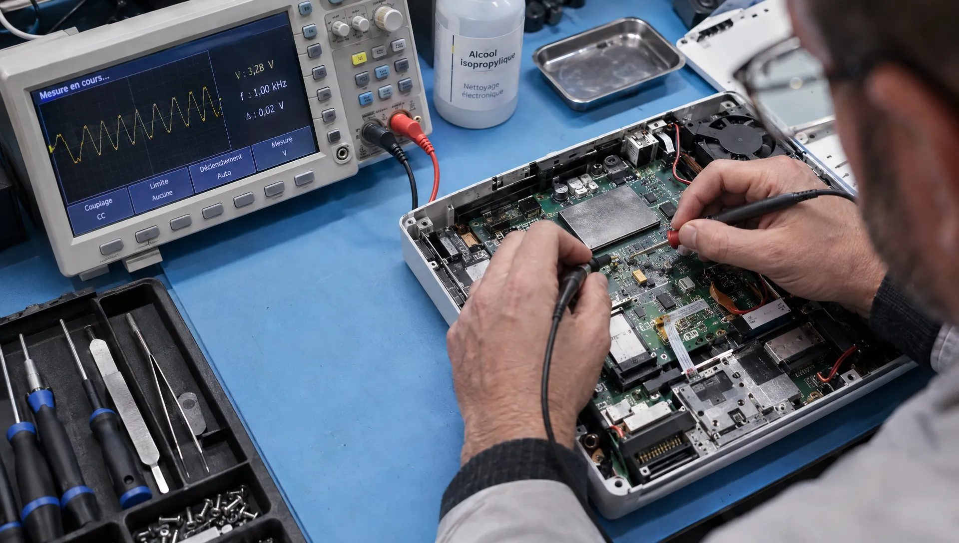 Un technicien teste une carte électronique sur son établi, une étape de vérification concrète avant le déploiement d’un système d’IA.