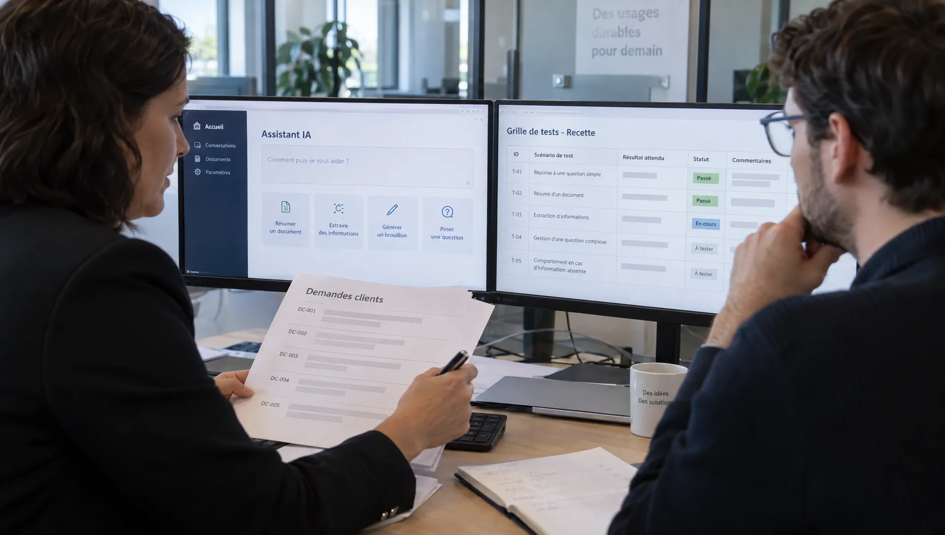 Une responsable métier et un développeur examinent des demandes clients anonymisées et une grille de tests lors de la recette d’un outil d’intelligence artificielle.