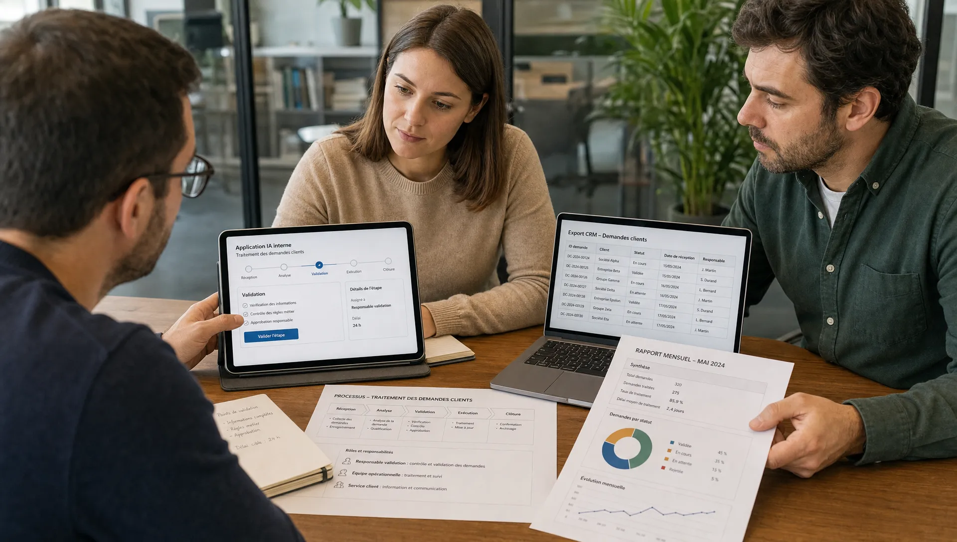 Trois collègues de PME valident le fonctionnement d’une application IA sur des documents métier.