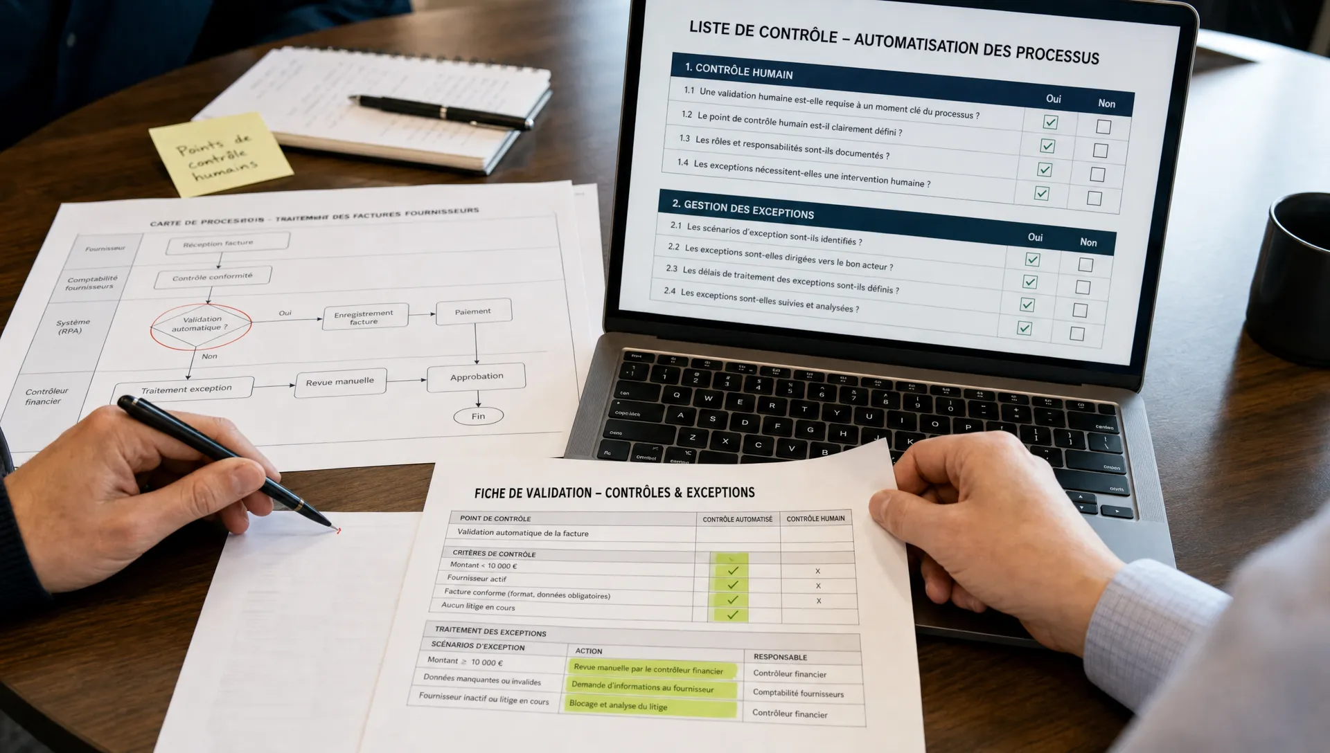 Des mains de bureau vérifient une automatisation IA sur une checklist, avec un ordinateur portable et des formulaires de validation sur la table.