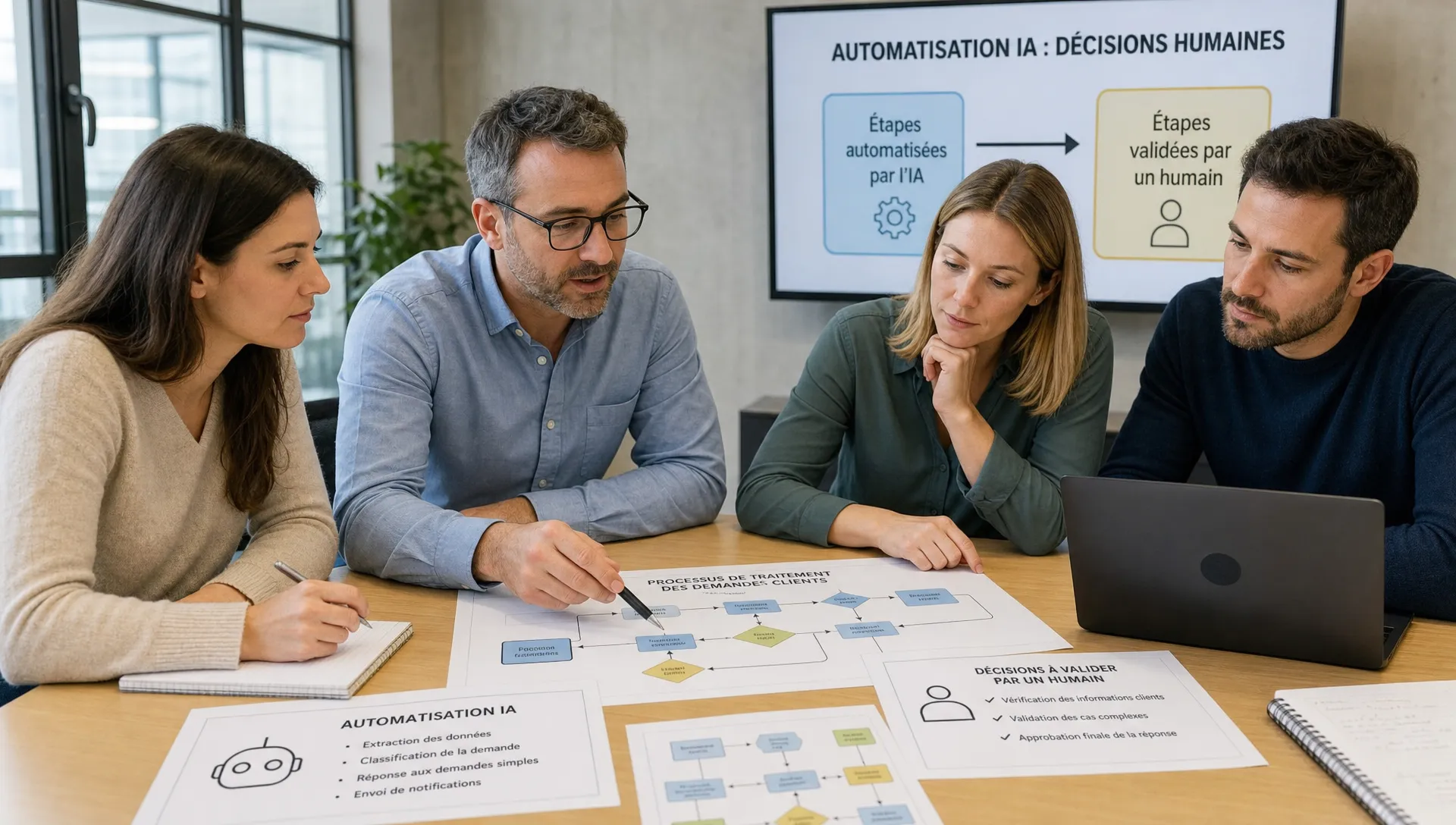 Une équipe de PME se réunit autour d’une table avec des documents de processus et un ordinateur portable pour décider quelles étapes d’une automatisation IA restent validées par un humain.