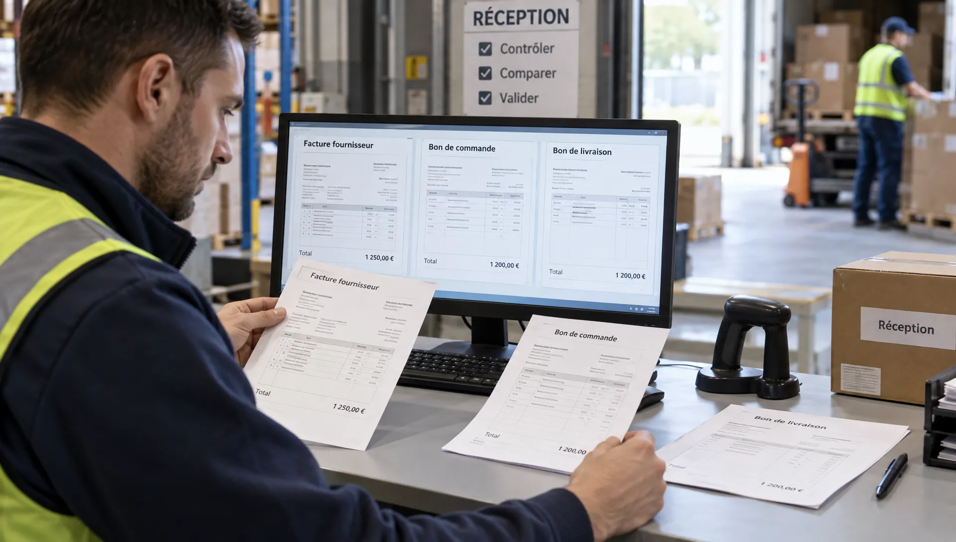 Une facture fournisseur est contrôlée sur un poste de réception, puis un employé examine l’écart avec le bon de commande et le justificatif de livraison avant validation.