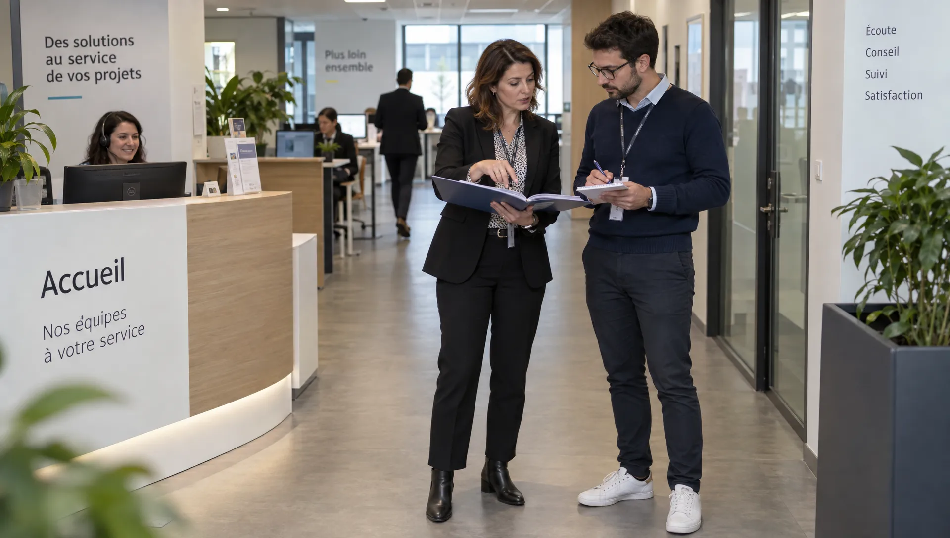 Une responsable montre à un collègue comment reprendre une demande client signalée comme incomplète par un programme IA.