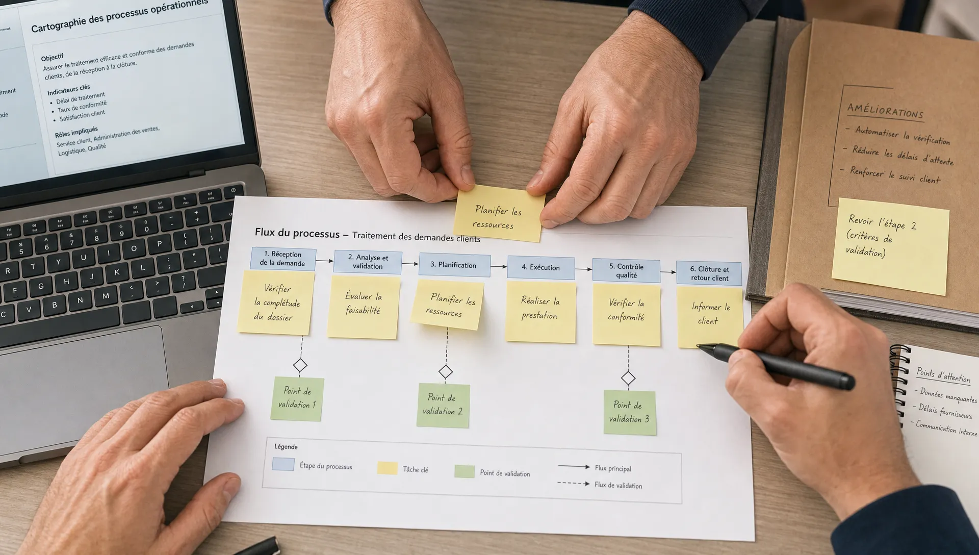 Des mains organisent un processus métier sur une table pour cadrer une technologie IA opérationnelle.