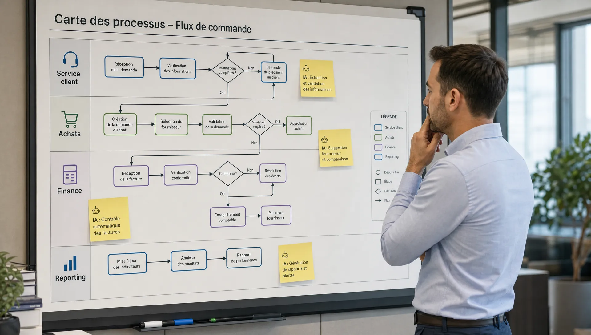 Un responsable des opérations examine une carte de processus reliant service client, achats, finance et reporting pour repérer où l’IA peut automatiser ou faire valider une étape.