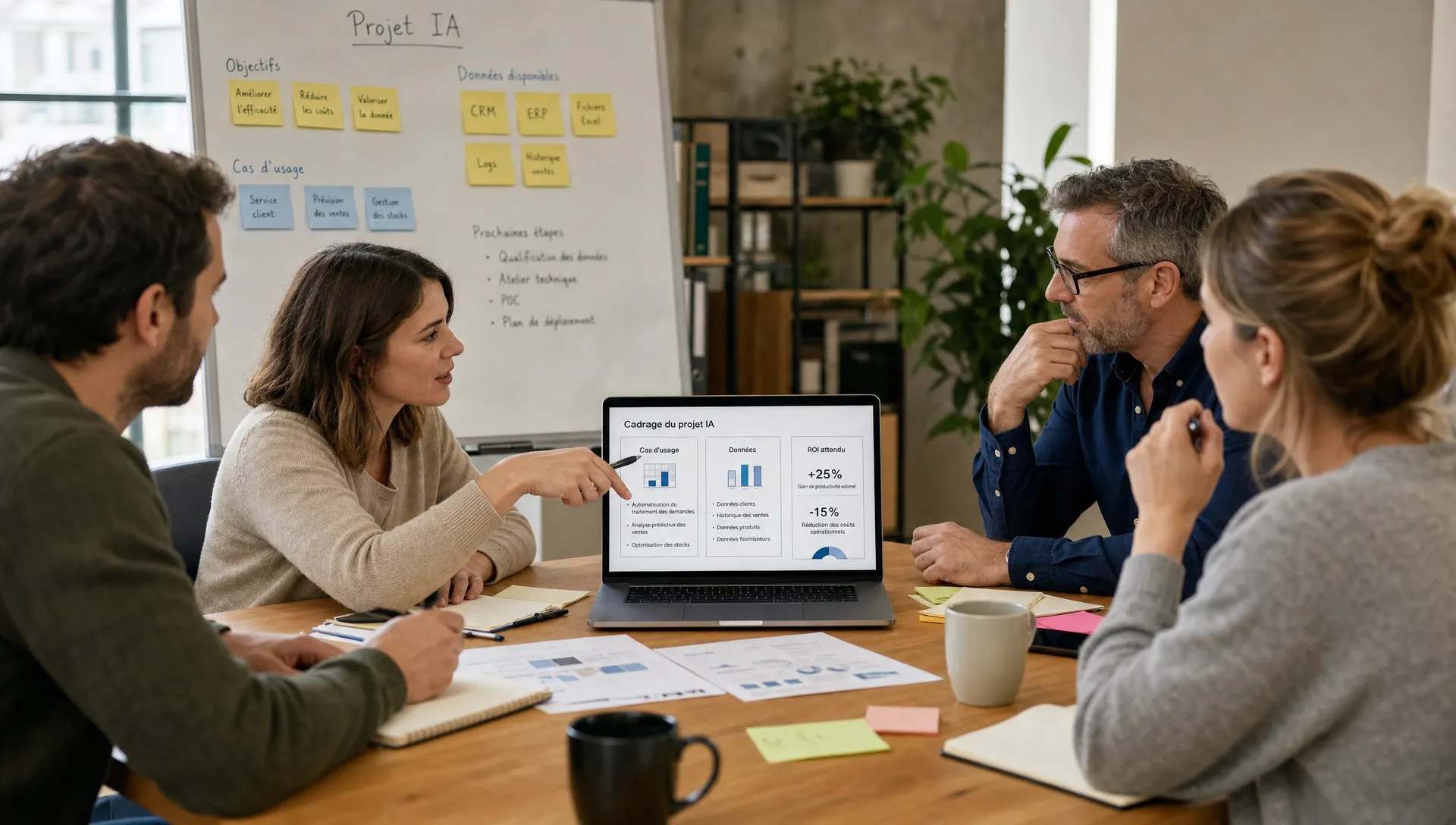 Atelier de cadrage d’un projet IA avec une équipe PME autour d’un tableau de travail et d’un laptop montrant cas d’usage, données et ROI.