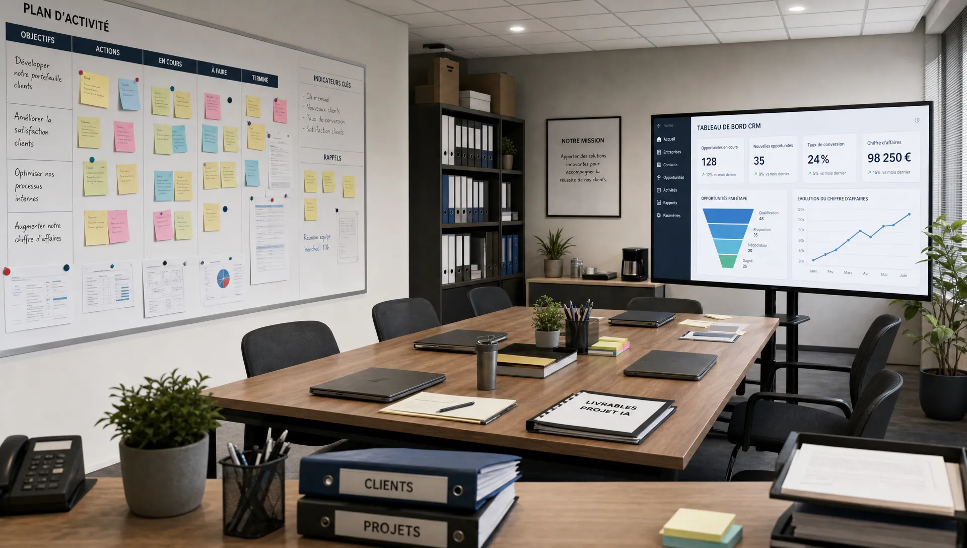 Un bureau de PME préparé pour cadrer un projet IA, avec mur de planning, table d’atelier et écran CRM visible.