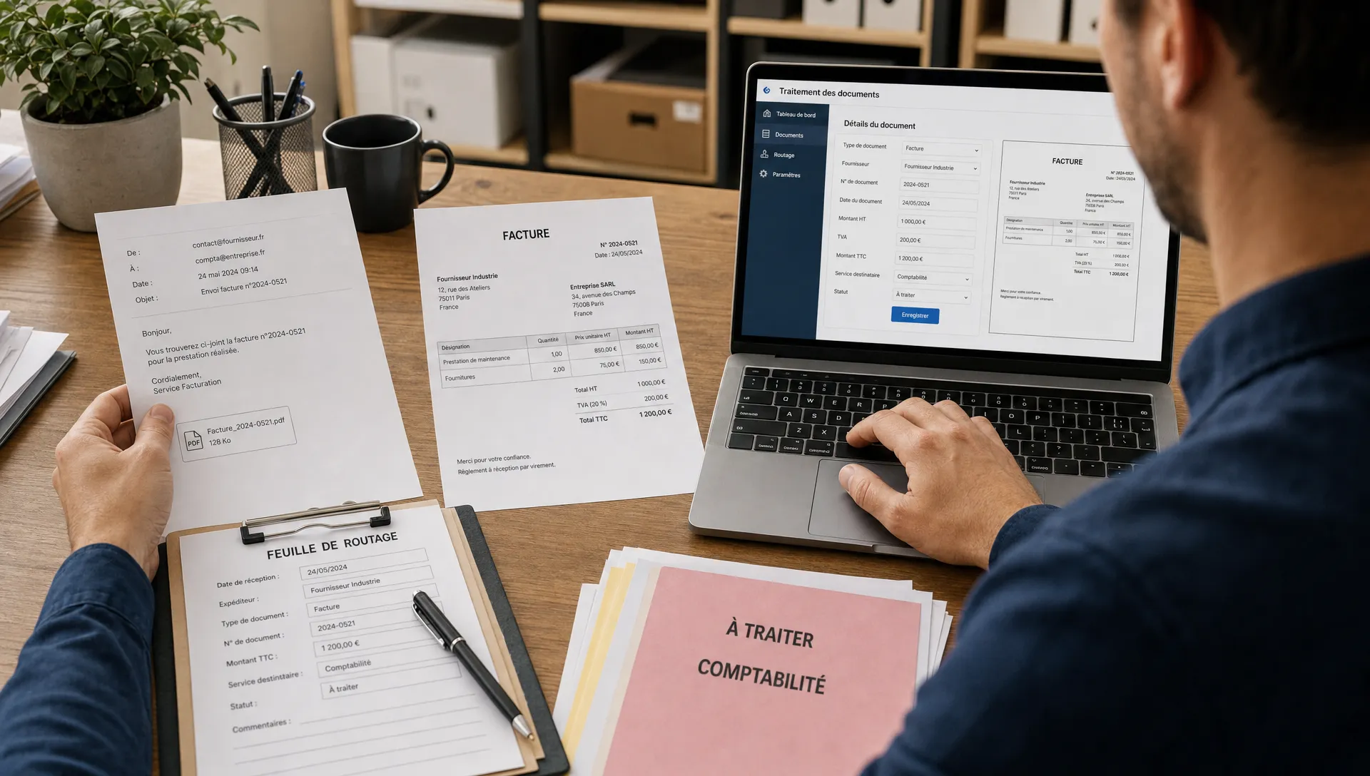 Des mains trient des emails, factures et formulaires sur une table de travail pour automatiser la saisie dans l’entreprise.