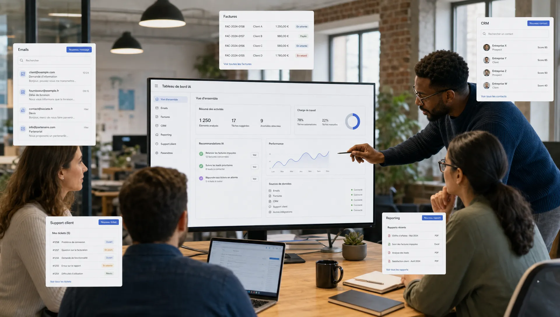 Une équipe en PME utilise un tableau de bord d’IA au milieu d’emails, de factures, de CRM, de reporting et de support client.