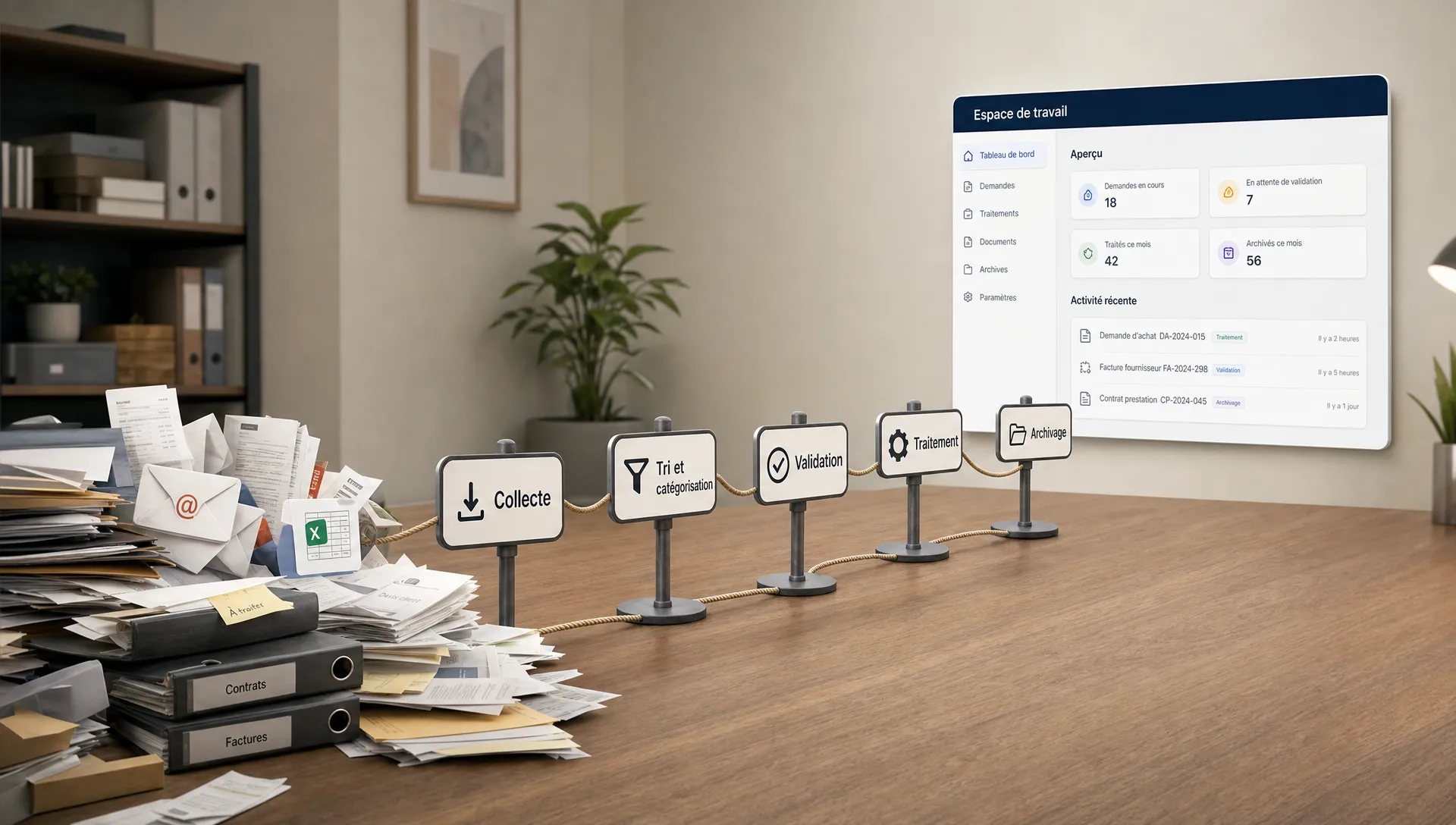 Des dossiers éparpillés mènent vers un système de travail organisé pour symboliser un outil IA sur mesure.