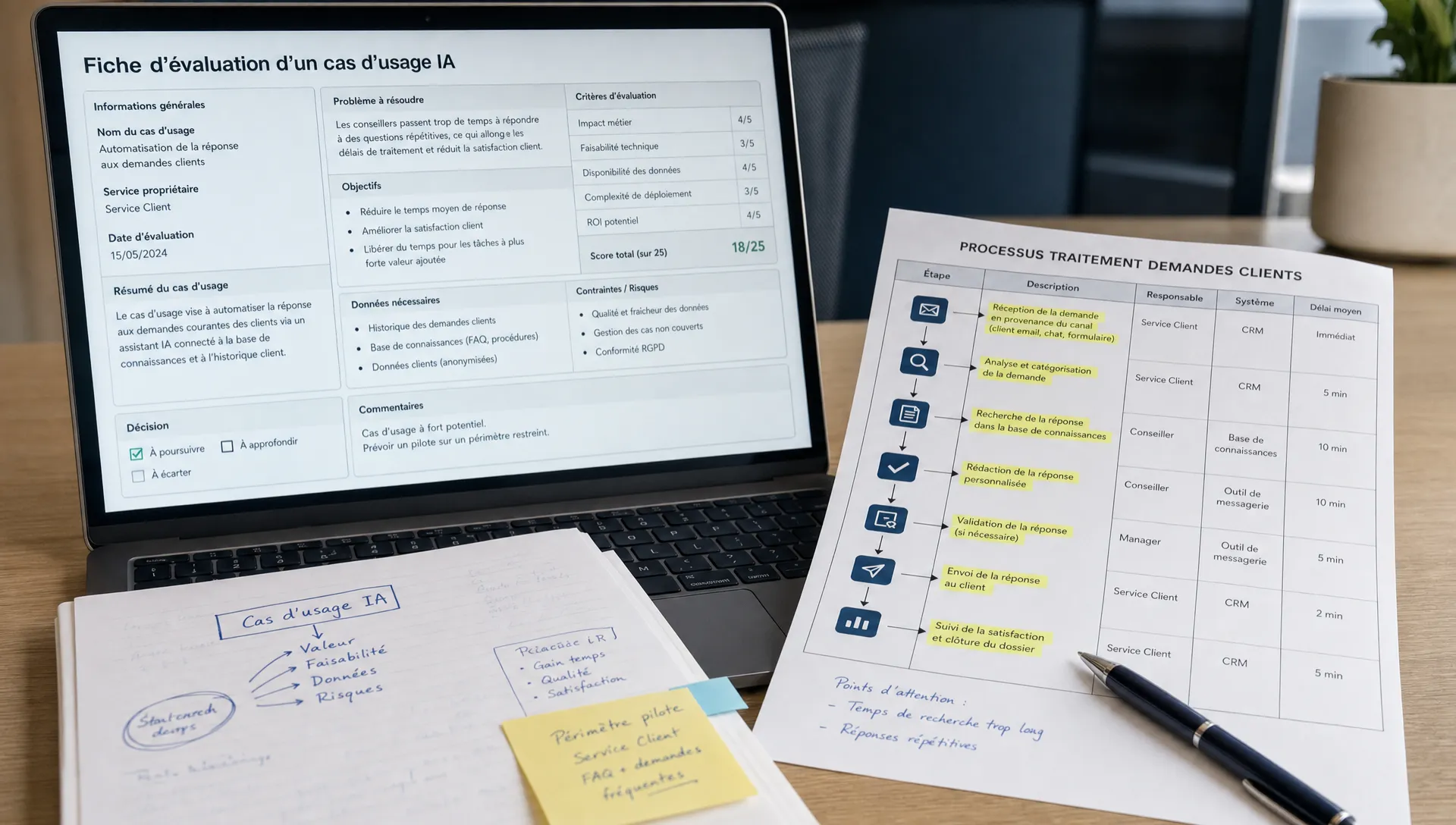 Un gros plan montre un ordinateur, une fiche de process et des notes annotées pour comparer des cas d’usage d’IA.