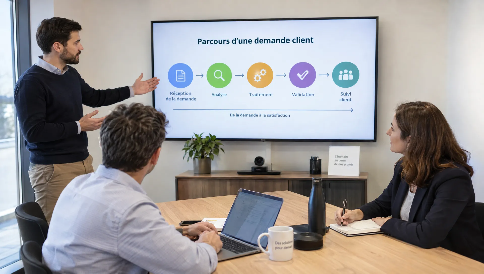 Trois collaborateurs d’une PME échangent dans une salle de réunion, tandis qu’une personne présente le parcours d’une demande client sur un écran mural.