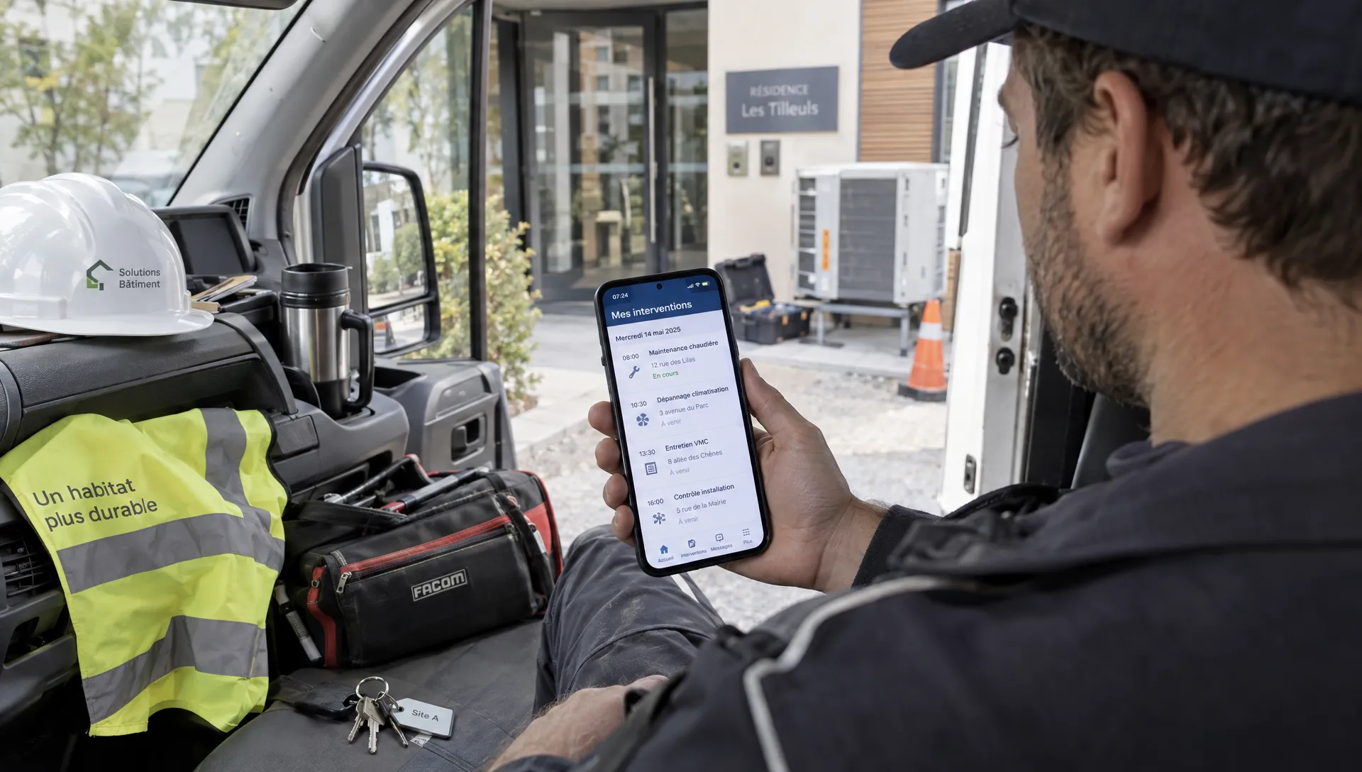 Un intervenant consulte ses ordres de travail sur son téléphone dans une camionnette stationnée devant un site client.