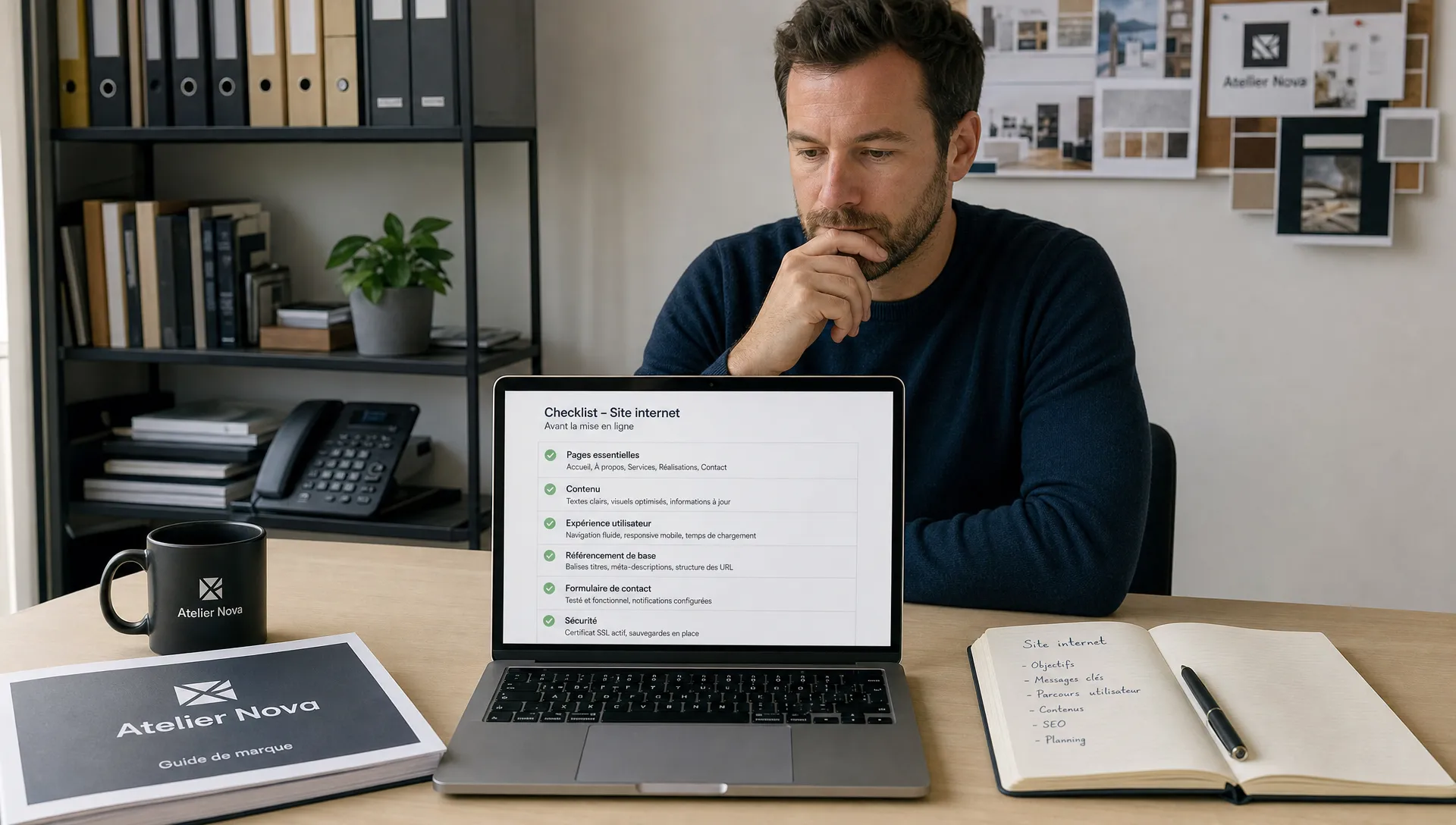 Un fondateur relit une checklist de site avec un laptop, un carnet de marque et des dossiers au bureau.