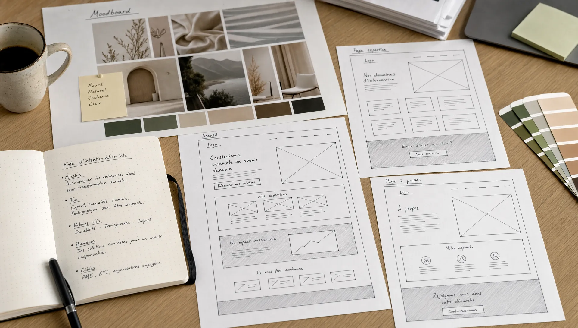 Une table de travail réunit un moodboard, des notes de ton éditorial et des croquis de pages web pour cadrer un site avec l’IA.