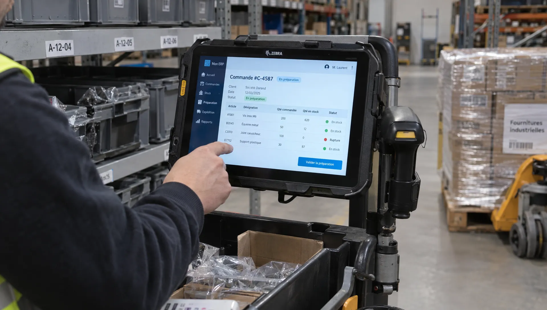 Un employé consulte le statut d’une commande sur un terminal ERP dans l’entrepôt avant de poursuivre la préparation.