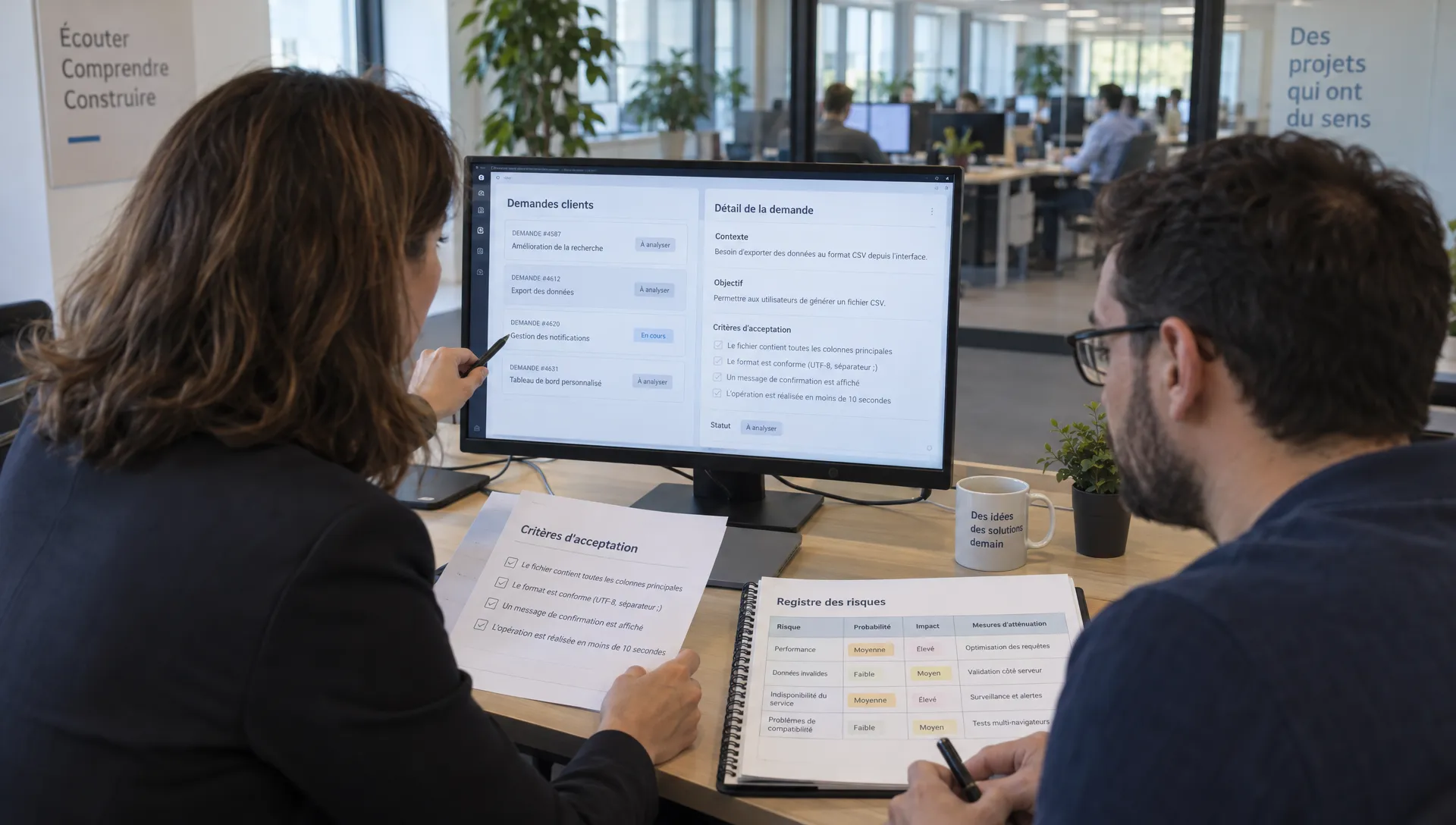 Une responsable métier et un développeur confrontent des demandes anonymisées aux critères d’acceptation et aux risques d’un diagnostic intelligence artificielle.